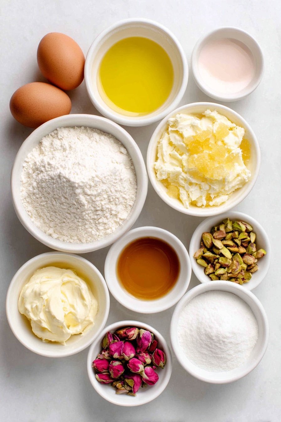 Persian Love Cake with Rose and Cardamom Recipe 7 Flat lay of a small white ceramic bowl filled with granulated sugar, a small heap of fresh lemon zest, two whole brown eggs with clean shells, a small white bowl of clear vegetable oil, a small white bowl of pale pink rose water, a small white bowl of light golden vanilla extract, a neat pile of all-purpose flour, a small mound of fine almond flour, a small heap of ground cardamom, a small heap of baking powder, a small heap of fine salt crystals, a small white bowl of powdered sugar, a small white bowl of whole milk, a small white bowl of chopped green pistachios, a small pile of fresh vibrant pink rose petals, a small pile of golden candied ginger pieces all arranged in perfect symmetry on a clean white marble surface, soft natural light, photo taken with an iPhone, professional food photography style, fresh ingredients, white ceramic bowls, no bottles, no duplicates, no utensils, no packaging --ar 2:3 --v 7 --p m7354615311229779997 - Persian Love Cake with Rose and Cardamom, Persian dessert with rose water, Middle Eastern cake with cardamom, floral spice cake recipe, almond flour Persian cake