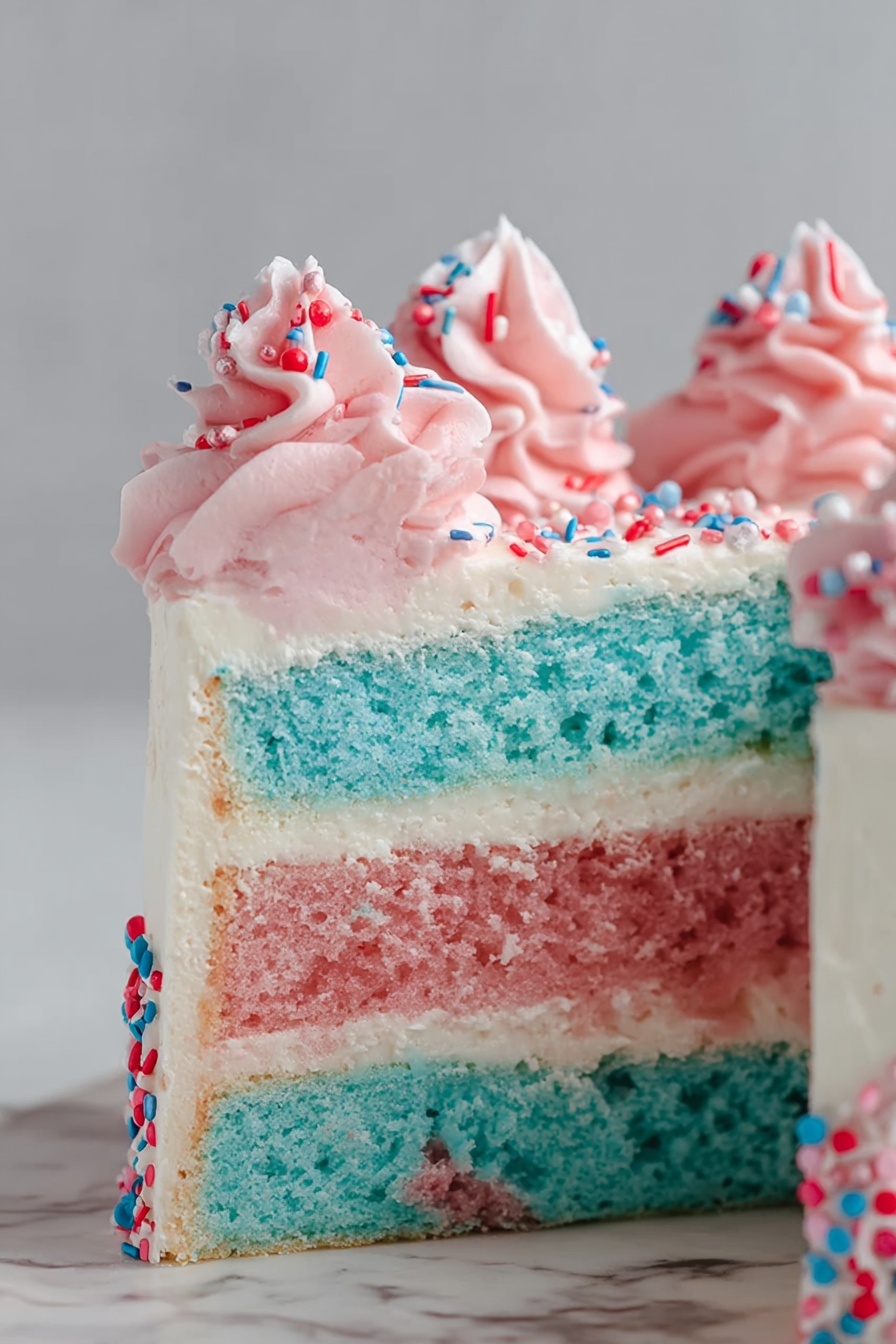 Watercolor Cake Recipe 6 This image shows a close-up of a three-layer cake with smooth white icing between each layer and around the outside. The top layer is bright blue with a fluffy texture, the middle layer is pink and has a similar light texture, and the bottom layer is blue again. The top of the cake is decorated with swirled pink frosting in tall peaks, sprinkled with small colorful round and stick-shaped sprinkles in red, white, blue, and pink. The background is a plain light gray and the base the cake is on has a white marbled texture. Photo taken with an iphone --ar 2:3 --v 7 - Watercolor Cake, watercolor cake decorating, how to make watercolor cake, watercolor cake tutorial, artistic cake ideas