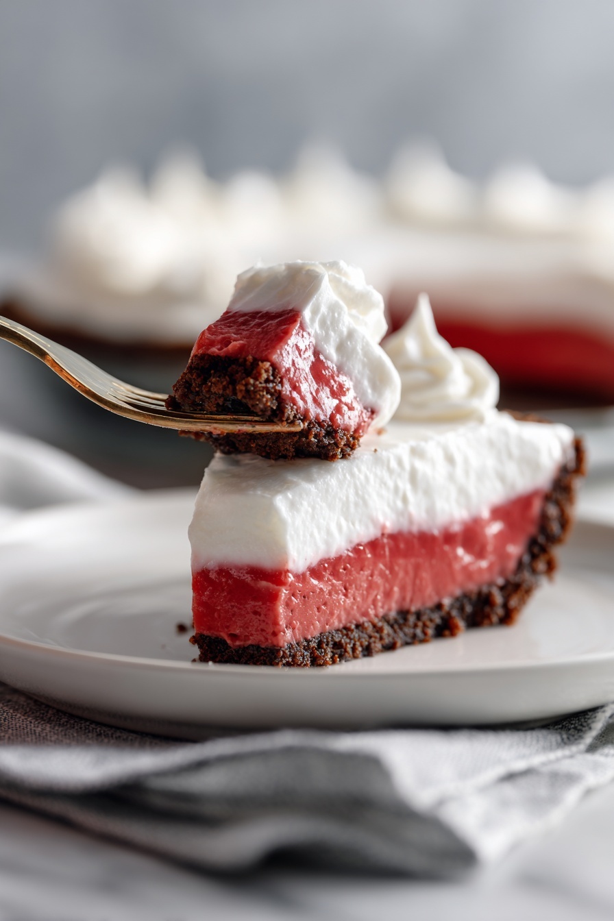 No-Bake Red Velvet Cheesecake Recipe 8 A heart-shaped dessert with three layers on a black plate over a white marbled surface; the bottom layer is dark brown, crumbly chocolate crust, the middle layer is thick and smooth red velvet filling, and the top layer is soft, fluffy white cream. A gold fork is gently cutting into the cream layer from the right side. The background is blurred dark with soft lighting. Photo taken with an iphone --ar 2:3 --v 7 - No-Bake Red Velvet Cheesecake, Red Velvet Cheesecake, No-Bake Cheesecake, Easy Red Velvet Dessert, Creamy Red Velvet Cake