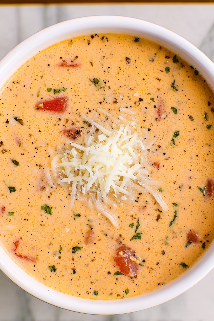 Tomato Basil Parmesan Soup Recipe 8 A white bowl filled with creamy light orange soup that has visible small red tomato pieces and green herbs scattered throughout. The soup has a smooth but slightly thick texture with specks of black pepper on the surface. In the center, there is a small pile of shredded white cheese. The bowl sits on a white marbled surface. photo taken with an iphone --ar 2:3 --v 7 - Tomato Basil Parmesan Soup, Tomato Basil Parmesan Soup Recipe, Creamy Tomato Soup with Basil, Easy Tomato Basil Soup, Healthy Tomato Basil Parmesan Soup