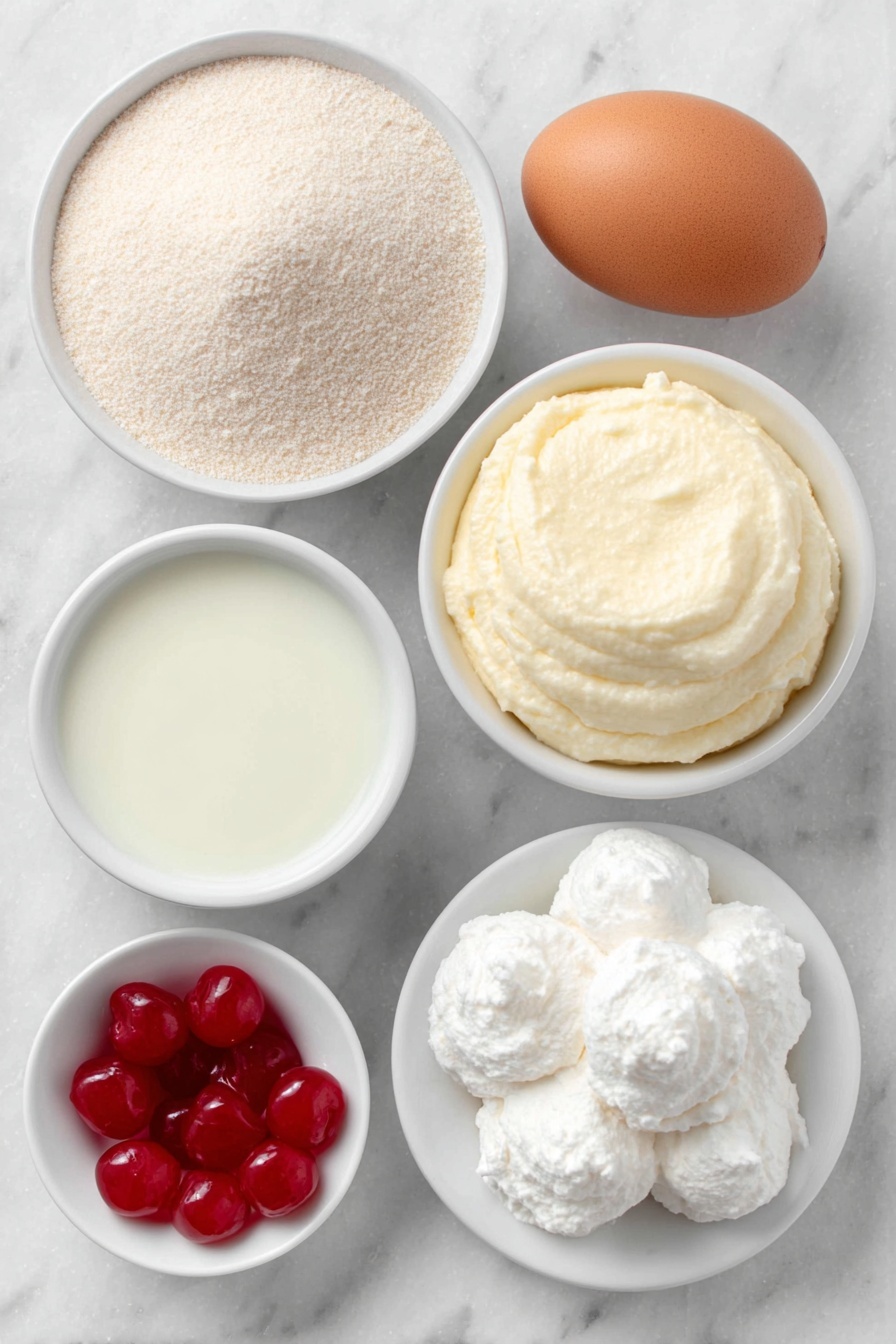 Shamrock Shake Pudding Shots Recipe 7 Flat lay of a small white ceramic bowl of pale vanilla instant pudding powder, a simple white ceramic bowl filled with fresh whole milk, a small white ceramic bowl holding smooth pale green Baileys Vanilla Mint liqueur, a neat mound of thawed Cool Whip on a white ceramic plate, a whole uncracked brown egg with a clean shell (to represent whipping cream ingredient freshness), a small white ceramic bowl of dollops of fresh whipped cream, and a few bright red maraschino cherries arranged symmetrically, all placed on a clean white marble surface, soft natural light, photo taken with an iPhone, professional food photography style, fresh ingredients, white ceramic bowls, no bottles, no duplicates, no utensils, no packaging --ar 2:3 --v 7 --p m7354615311229779997 - Shamrock Shake Pudding Shots, minty green dessert shots, St. Patrick's Day party desserts, boozy pudding shots, festive mint dessert recipes