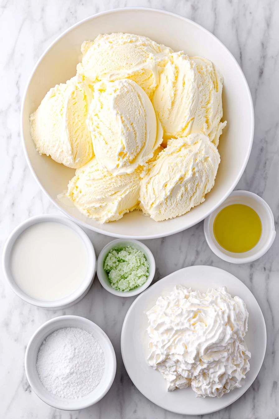 Mint Shamrock Shake Recipe 7 Flat lay of fresh scoops of creamy vanilla ice cream in a simple white ceramic bowl, a small white bowl filled with whole milk, a small white bowl containing bright green liquid food coloring, a small white bowl with clear mint extract, and a dollop of fresh whipped cream on a small white plate, arranged in perfect symmetry, all placed on a clean white marble surface, soft natural light, photo taken with an iPhone, professional food photography style, fresh ingredients, white ceramic bowls, no bottles, no duplicates, no utensils, no packaging --ar 2:3 --v 7 --p m7354615311229779997 - Mint Shamrock Shake, mint shamrock shake recipe, green mint milkshake, St. Patrick's Day shamrock shake, homemade mint shake