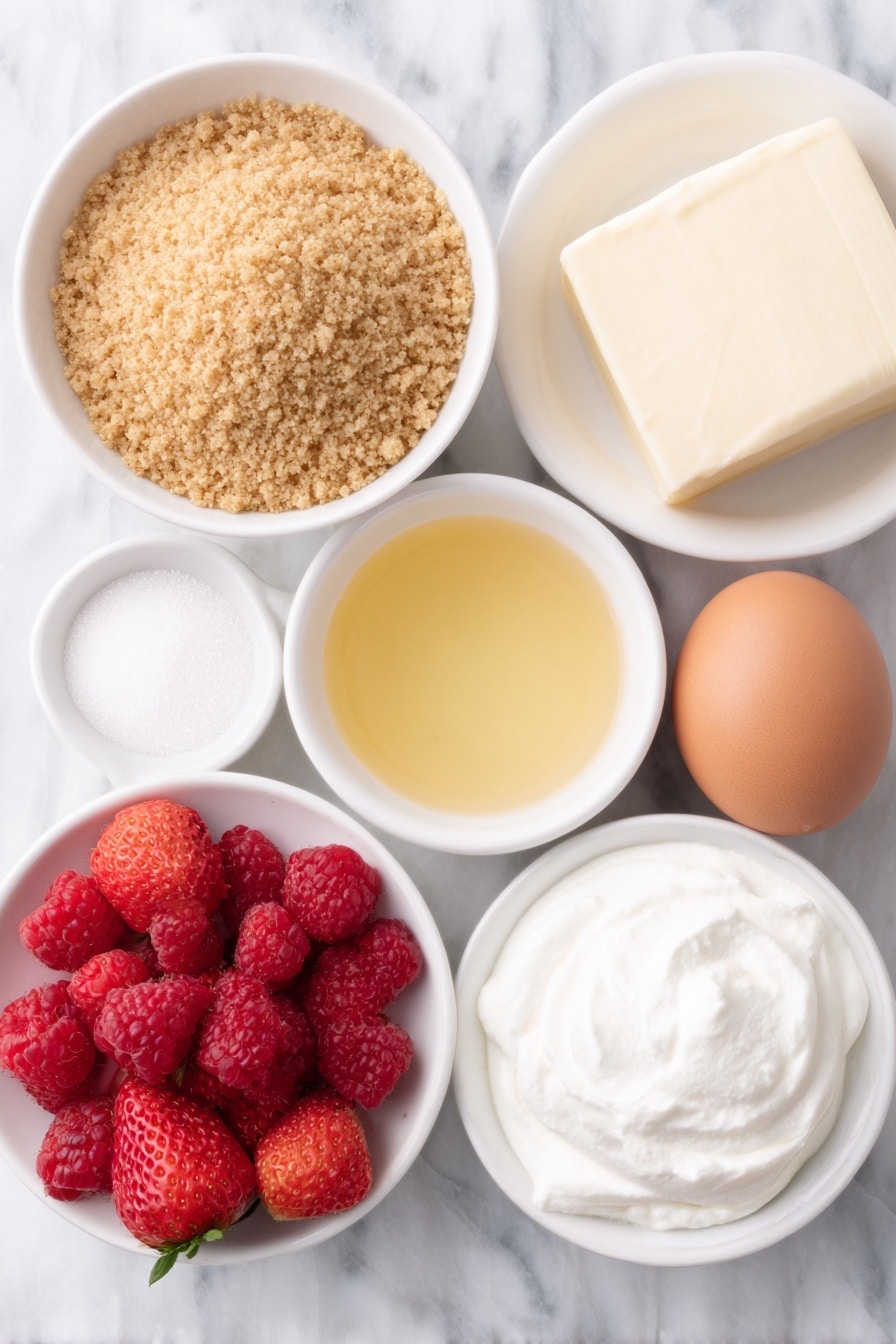 No-Bake Cheesecake Cups with Fruit Recipe 7 Flat lay of a small white ceramic bowl of golden graham cracker crumbs, a small white ceramic bowl with smooth melted butter, an uncracked whole brown egg, a block of soft cream cheese on a white ceramic plate, a small white ceramic bowl filled with granulated sugar, a small white ceramic bowl of heavy whipping cream, a small white ceramic bowl with clear vanilla extract, fresh raspberries and strawberries arranged neatly on a white ceramic plate, placed on a clean white marble surface, soft natural light, photo taken with an iPhone, professional food photography style, fresh ingredients, white ceramic bowls, no bottles, no duplicates, no utensils, no packaging --ar 2:3 --v 7 --p m7354615311229779997 - No-Bake Cheesecake Cups with Fruit, easy cheesecake cups recipe, no-bake dessert, fruit-topped cheesecake, quick cheesecake desserts