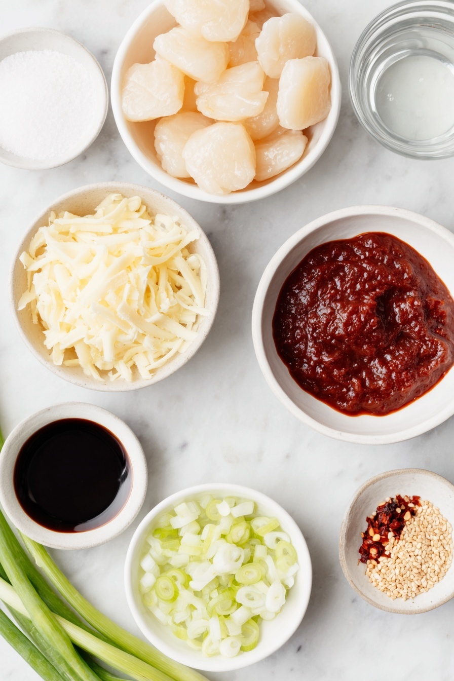 Cheese Tteokbokki with Homemade Rice Cakes Recipe 7 Flat lay of fresh homemade Korean rice cakes, a small pool of bright red gochujang chili paste in a white ceramic bowl, fine red Korean chili flakes in a tiny white dish, glossy soy sauce in a small white bowl, translucent fish sauce in a white bowl, white granulated sugar piled neatly in a simple white bowl, clear water in a white bowl, quartered fresh onion wedges, minced garlic heap, bite-sized pieces of pale fish tofu, a handful of shredded mozzarella cheese, a few sprigs of finely chopped green onion with separated white and green parts, and a small spoonful of golden toasted sesame seeds, all arranged symmetrically on a clean white marble surface, soft natural light, photo taken with an iPhone, professional food photography style, fresh ingredients, white ceramic bowls, no bottles, no duplicates, no utensils, no packaging --ar 2:3 --v 7 --p m7354615311229779997 - Cheese Tteokbokki with Homemade Rice Cakes, Korean street food recipe, cheesy spicy rice cake dish, homemade Korean Tteokbokki, easy Korean street food