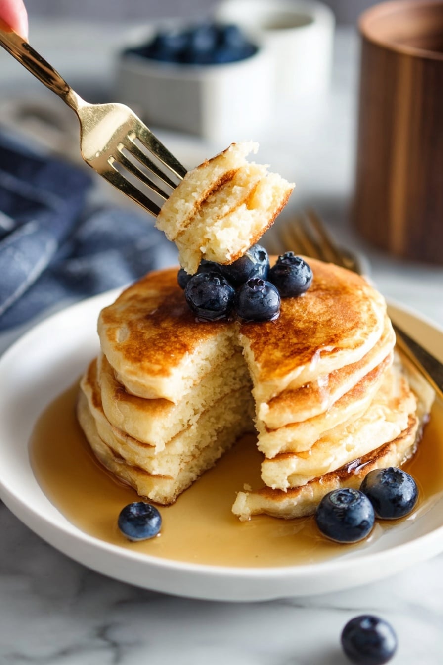 Vegan Pancake Recipe 6 A stack of four golden brown pancakes sits center on a white plate, with syrup pooling around the base and soaking slightly into the bottom pancake. Three fresh blueberries rest on top of the stack, and several more blueberries are scattered around the plate's edges. A woman's hand holds a fork piercing a bite-sized piece from the middle of the top pancake, lifting it up to show the soft, fluffy inside. The plate is set on a white marbled surface with a few blueberries and a gold fork nearby, while the background features blurred containers, including one filled with more blueberries. Photo taken with an iphone --ar 2:3 --v 7 - Vegan Pancake Recipe, fluffy vegan pancakes, plant-based breakfast, easy vegan pancake ideas, dairy-free vegan pancakes