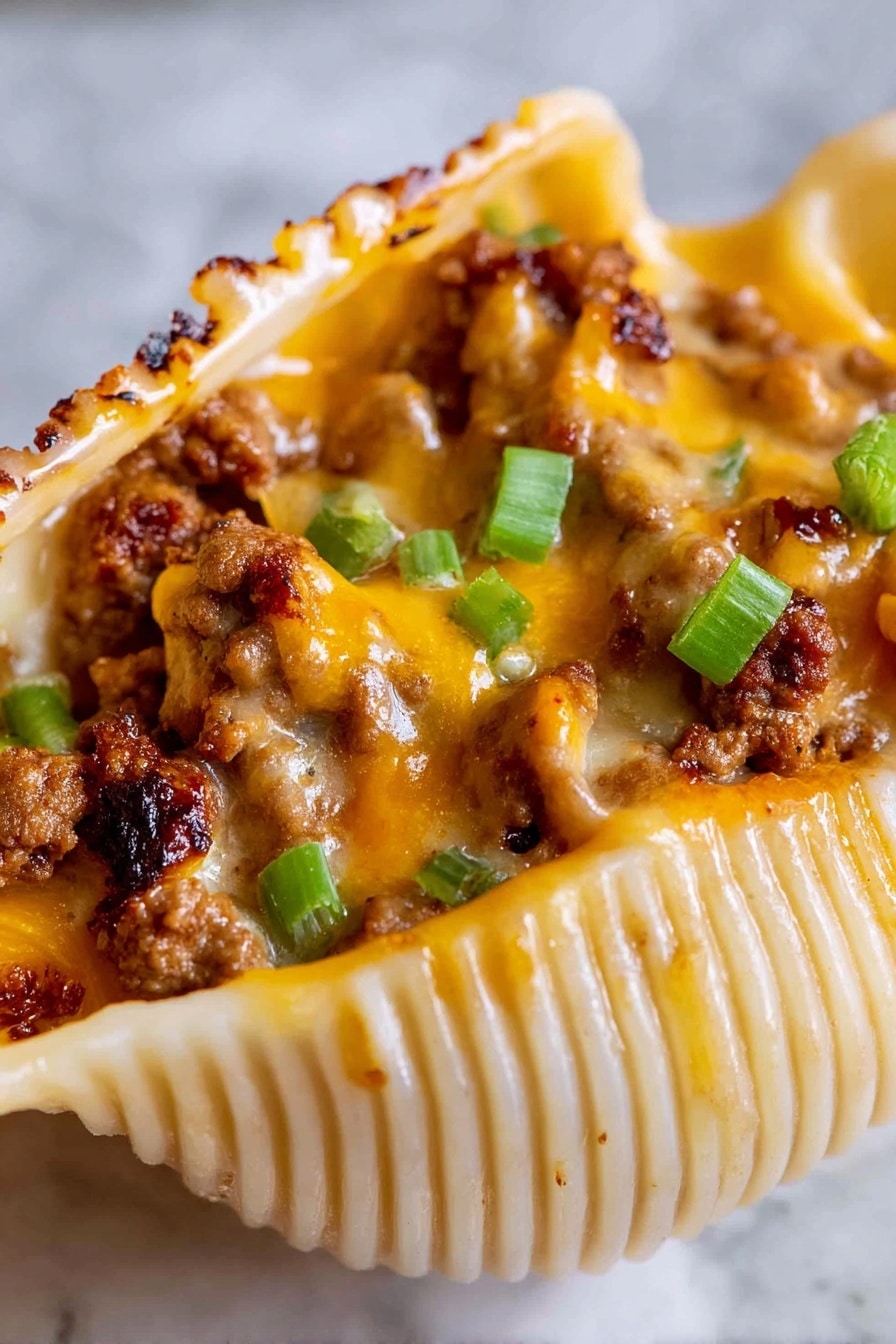 Philly Cheesesteak Stuffed Shells Recipe 6 The image shows a close-up of a large seashell pasta stuffed with three main layers. The outer layer is the shell, which is creamy beige and ridged with a smooth, slightly shiny texture. Inside, the first filling layer is browned, crumbled meat with a crispy texture and dark charred spots. The second layer is melted orange cheddar cheese spread unevenly over the meat, looking thick and creamy. Scattered within the filling are small pieces of bright green diced vegetables, adding a fresh color contrast. The background and surface are white with a soft marbled texture. Photo taken with an iphone --ar 2:3 --v 7 - Philly Cheesesteak Stuffed Shells, Philly Cheesesteak stuffed shells recipe, stuffed shells with cheesesteak filling, Italian pasta with cheesesteak flavors, crowd-pleasing stuffed pasta dish