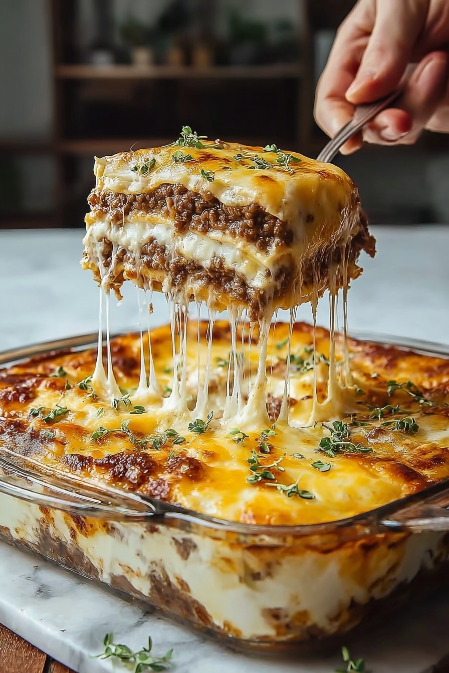 Best Beef Taco Casserole Recipe 6 A large, clear glass dish sits on a white marbled surface, filled with a four-layer lasagna. From bottom to top, the first layer is a light creamy cheese sauce, followed by a thick layer of browned ground meat. The third layer is another light cheese sauce, and the top layer is melted cheese browned to golden yellow with some darker spots. A woman's hand lifts a square piece with a fork, stretching long strings of melted cheese from the dish. Small green herb leaves are sprinkled on the top layer of melted cheese. Photo taken with an iphone --ar 2:3 --v 7 - Best Beef Taco Casserole, beef taco casserole, taco casserole recipe, cheesy beef casserole, easy taco bake