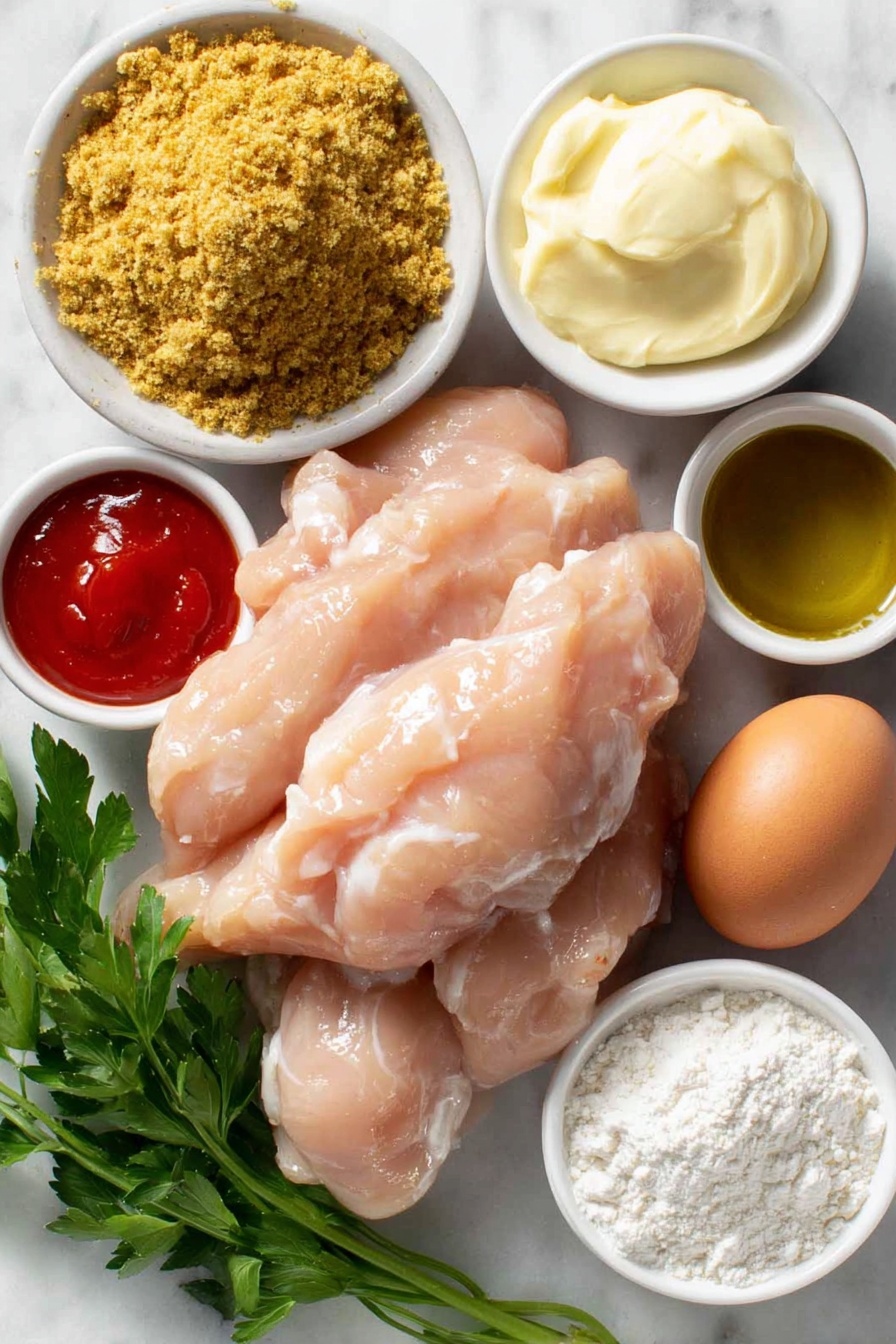 Knusprige Bang Bang Hähnchen mit scharfer Soße 1 Flach lag ein kleiner Haufen goldener Panko-Semmelbrösel, ein Cluster frischer, knochenloser, hautloser Hähnchenfilet, ein ganzes ungebrochenes braunes Ei, eine kleine weiße Keramikschüssel mit blassgelber cremiger Mayonnaise, eine kleine weiße Keramikschale gefüllt mit leuchtend roter thailändischer süßer Chilisauce, eine kleine weiße Keramikschale mit goldenem Honig, eine kleine weiße Keramikschale mit leuchtend roter Sriracha-Soße, eine kleine weiße Keramikschale mit dicker weißer Buttermilch, eine kleine weiße Keramikschale mit feinem weißen Allzweckmehl, eine kleine weiße Keramikschale mit weißer Maisstärke, einige frische grüne Petersilienzweige und eine kleine weiße Keramikschale mit einer warmen braunen Mischung aus Knoblauchpulver, koscherem Salz, schwarzem Pfeffer und Cayennepfeffer, Auf einer sauberen weißen Marmoroberfläche platziert, weiches natürliches Licht, Foto mit einem iPhone aufgenommen, professioneller Food-Fotografie-Stil, frische Zutaten, weiße Keramikschalen, keine Flaschen, keine Duplikate, kein Besteck, keine Verpackung --ar 2:3 --v 7 --p m7354615311229779997 - Crispy Bang Bang Chicken mit scharfer Sauce, Rezept für knuspriges Hähnchen, scharfe Hähnchengerichte, einfache asiatische Hühnchenrezepte, knuspriges Hähnchen mit Bang Bang-Sauce