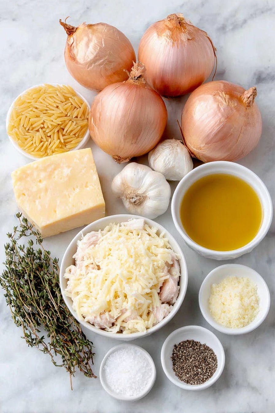 French Onion Chicken Orzo Bake Recipe 7 Flat lay of unsliced large yellow onions, three whole garlic cloves with clean white skins, a few sprigs of fresh thyme, a small mound of uncooked orzo pasta, shredded cooked chicken pieces, a small pat of unsalted butter, a small white bowl with golden olive oil, a small white bowl filled with low-sodium chicken broth, a small white bowl of heavy cream, shredded mozzarella cheese piled neatly, grated Parmesan cheese in a small pile, a small white bowl containing granulated sugar, a small white bowl with coarse salt, and a small white bowl with freshly ground black pepper, all arranged symmetrically on a clean white marble surface, soft natural light, photo taken with an iPhone, professional food photography style, fresh ingredients, white ceramic bowls, no bottles, no duplicates, no utensils, no packaging --ar 2:3 --v 7 --p m7354615311229779997 - French Onion Chicken Orzo Bake, Easy Chicken Orzo Casserole, Comfort Food Recipes, Make-Ahead Chicken Dinner, Hearty Chicken and Onion Bake