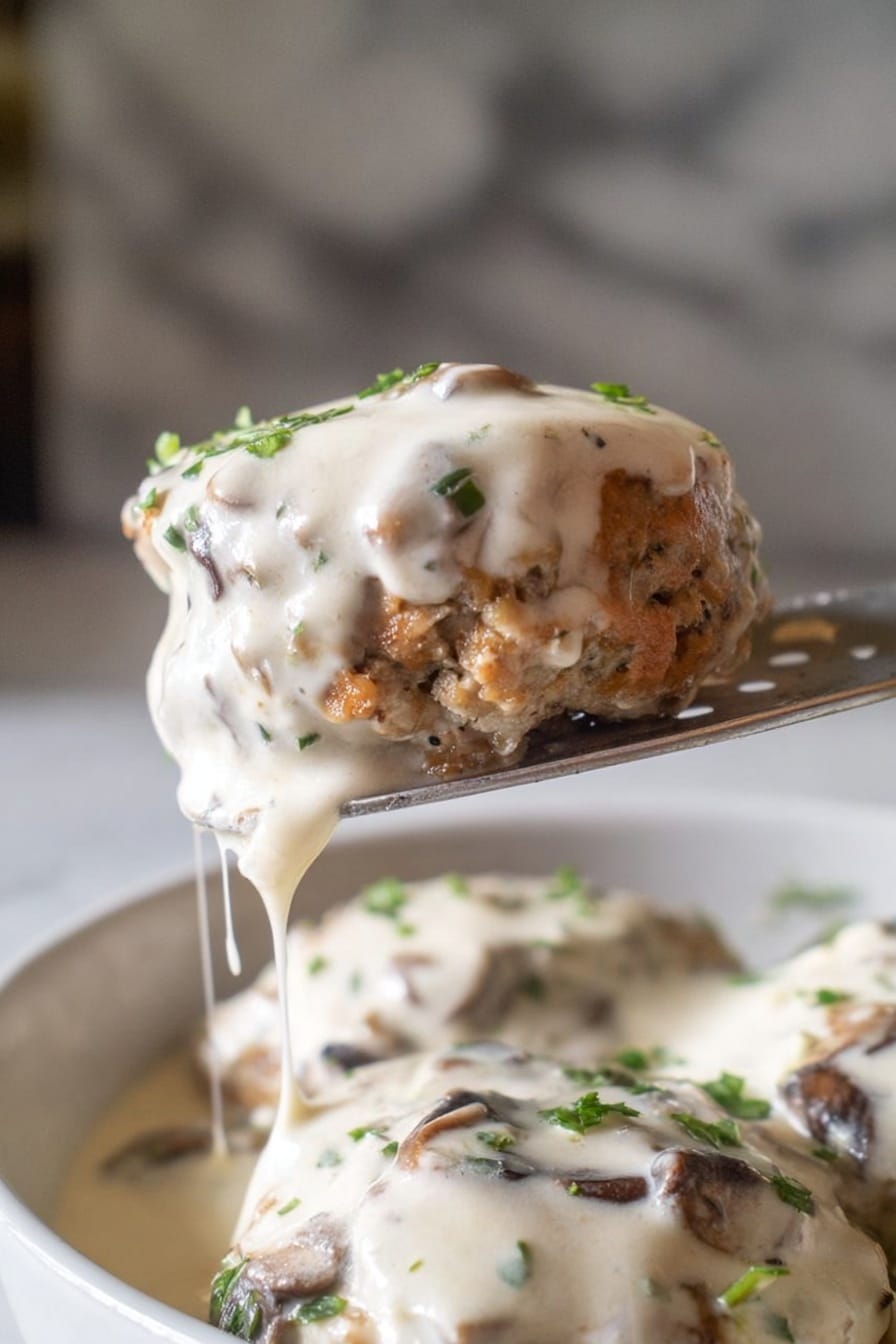 Poor Man’s Hamburger Steaks with Mushroom Gravy Recipe 6 The image shows a close-up of a creamy dish being lifted by a metal spatula. The dish has two main layers: the bottom layer is a textured, light brown patty visible under the creamy white sauce, and the top layer is a thick, smooth white sauce with mushroom pieces and small green herb bits scattered on top. The sauce drips slightly from the patty, and more patties covered in the same sauce sit in a clear white bowl below the spatula. The background is softly blurred with a white marbled texture. Photo taken with an iphone --ar 2:3 --v 7 - Poor Man’s Hamburger Steaks with Mushroom Gravy, budget-friendly hamburger steaks, easy comfort food recipes, hearty mushroom gravy dishes, simple family-friendly dinner ideas