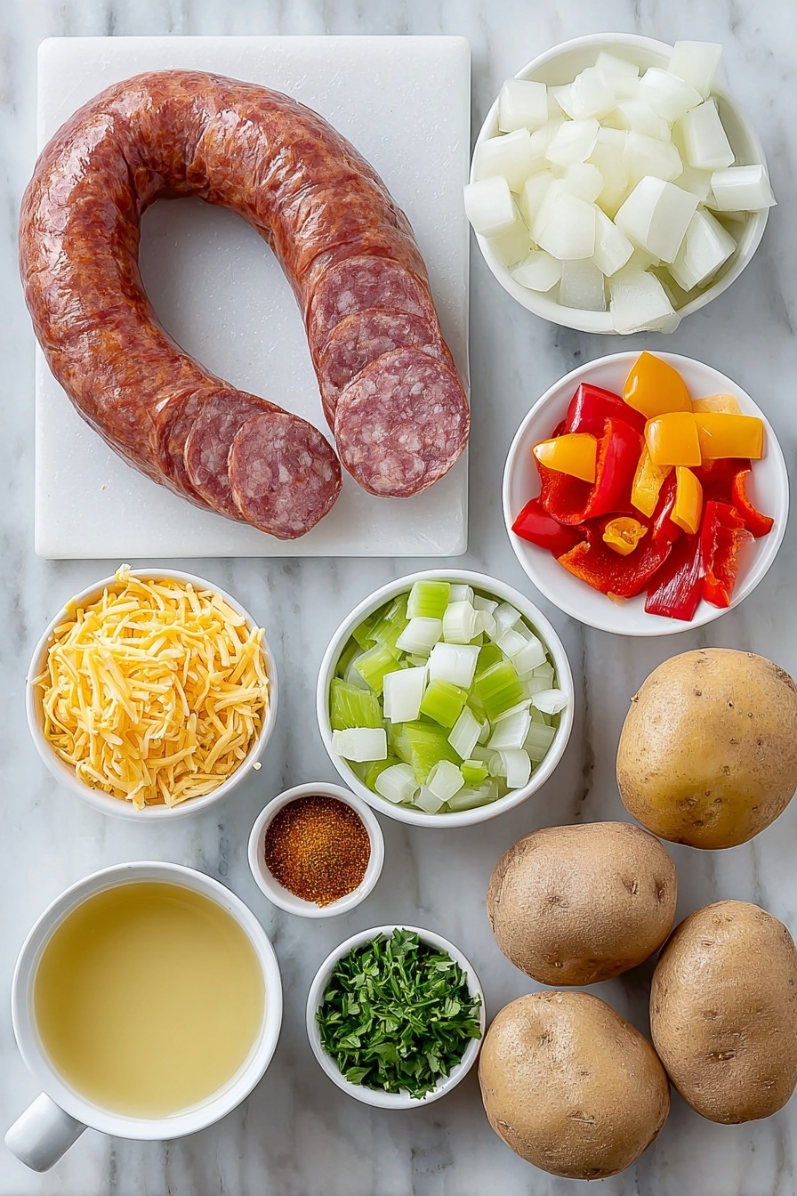 Cajun Potato Soup with Sausage Recipe 7 Flat lay of a sliced ring of andouille sausage with reddish-brown casing, a small white bowl of golden vegetable oil, a large diced white onion, diced pale green celery rib, diced vibrant red bell pepper, minced fresh garlic cloves, a small white bowl of mixed Cajun spices in warm reddish-brown and deep orange hues, whole unpeeled russet potatoes with rough brown skin, a small white bowl of golden chicken broth, a small white bowl of thick heavy cream, a small pile of shredded mild cheddar cheese in pale yellow strands, fresh bright green chopped parsley scattered nearby, all arranged in perfect symmetry on a clean white marble surface, soft natural light, photo taken with an iPhone, professional food photography style, fresh ingredients, white ceramic bowls, no bottles, no duplicates, no utensils, no packaging --ar 2:3 --v 7 --p m7354615311229779997 - Cajun Potato Soup with Sausage, Cajun potato soup, spicy sausage potato soup, creamy Cajun soup, hearty Cajun potato chowder