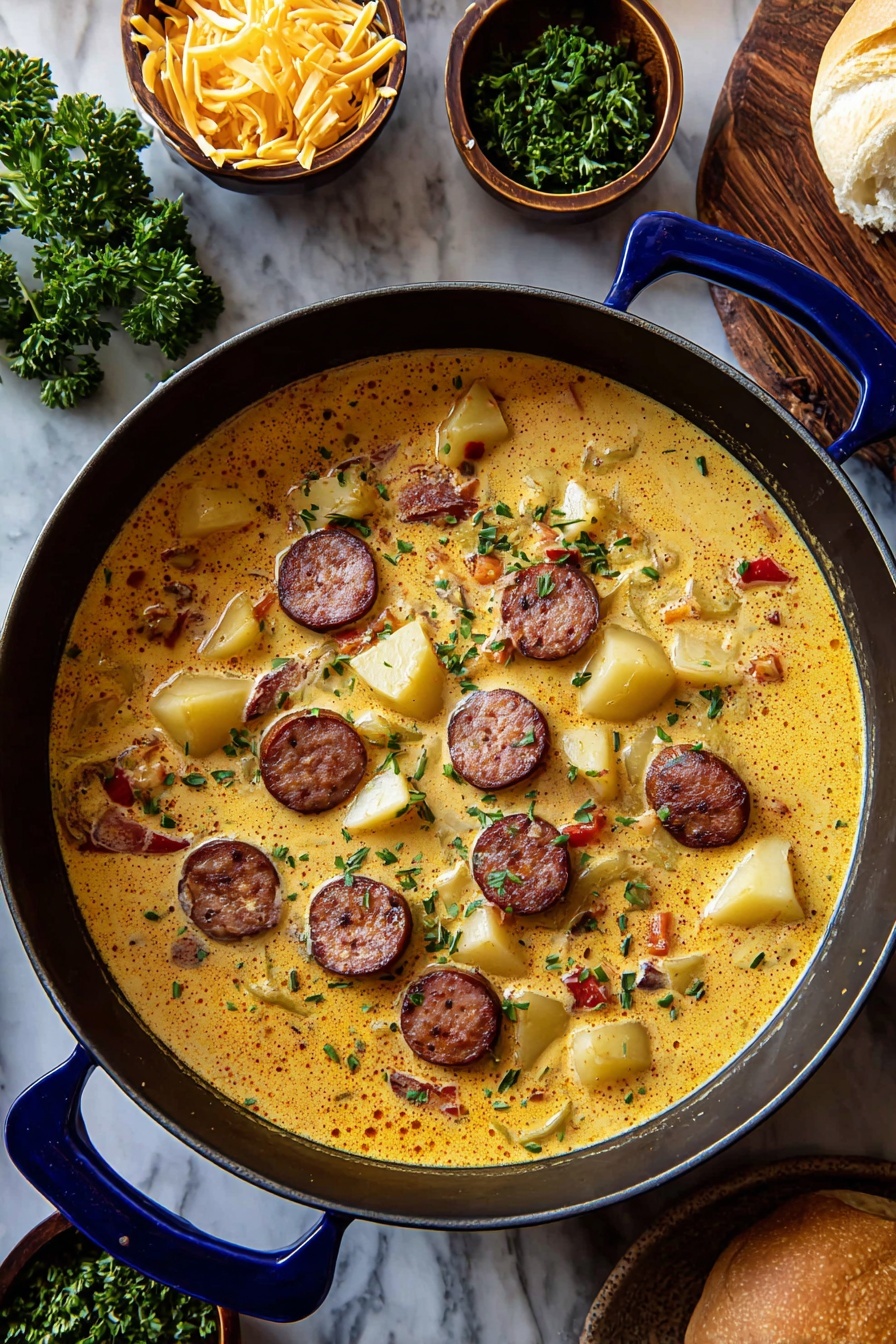 Cajun Potato Soup with Sausage Recipe 8 A deep pan filled with a creamy soup that has three main layers: large pale yellow potato chunks at the bottom, round slices of browned sausage evenly spread on top, and small bits of onion and red pepper scattered throughout, all floating in a golden-yellow broth with a smooth, slightly frothy texture; the soup is sprinkled lightly with green herbs. The pan is dark inside with a bright blue handle, set on a white marbled surface, and surrounded by small bowls of shredded yellow cheese and chopped green herbs, as well as fresh parsley and a round bread roll on a wooden board. photo taken with an iphone --ar 2:3 --v 7 - Cajun Potato Soup with Sausage, Cajun potato soup, spicy sausage potato soup, creamy Cajun soup, hearty Cajun potato chowder