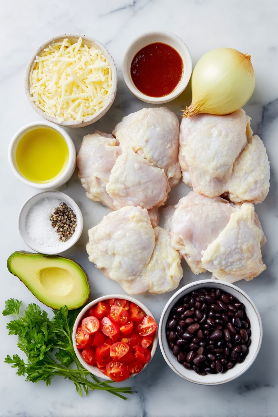 One-Pot BBQ Chicken and Rice Recipe 7 Flat lay of six raw boneless skinless chicken thighs, a small white bowl of thick dark reddish-brown BBQ sauce, a small white bowl of golden olive oil, one medium yellow onion diced into chunks, two whole garlic bulbs with some cloves separated, a small white bowl of bright yellow thawed frozen corn kernels, a small white bowl of glossy black beans, a small white bowl of uncooked short-grain white rice, a small white bowl of clear chicken stock, a small pinch of salt and pepper in separate small white bowls, a small white bowl filled with freshly shredded pale orange colby jack cheese, one ripe avocado cut into neat cubes, a small white bowl of diced bright red tomatoes, and a few fresh green parsley sprigs, all perfectly arranged with symmetry and balanced proportions, placed on a clean white marble surface, soft natural light, photo taken with an iPhone, professional food photography style, fresh ingredients, white ceramic bowls, no bottles, no duplicates, no utensils, no packaging --ar 2:3 --v 7 --p m7354615311229779997 - One-Pot BBQ Chicken and Rice, easy BBQ chicken dinner, single pot chicken recipes, flavorful rice and chicken dish, quick weeknight meals