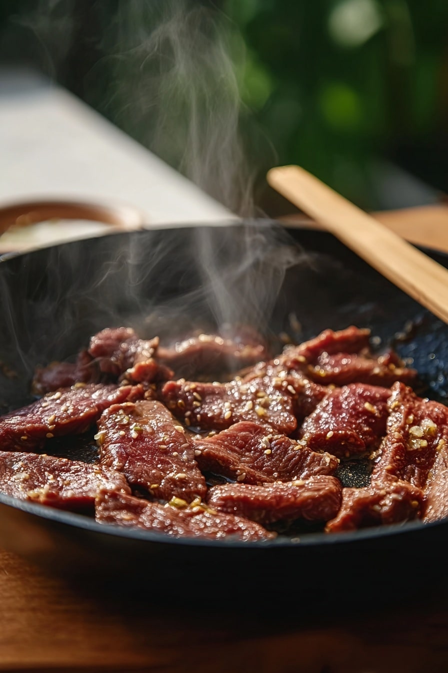 Korean Beef Bulgogi Recipe 6 Thin brown meat slices with a shiny, slightly oily texture are cooking in a black pan. The meat shows small bits of white fat and some seasoning seeds, and thin steam rises up from the pan. There is a wooden chopstick resting on the pan’s edge, and the background has soft green and wooden tones blurred out. The scene is set on a white marbled surface. Photo taken with an iphone --ar 2:3 --v 7 - Korean Beef Bulgogi, Korean Beef Bulgogi recipe, how to make Bulgogi, Korean marinated beef, easy Korean beef dishes