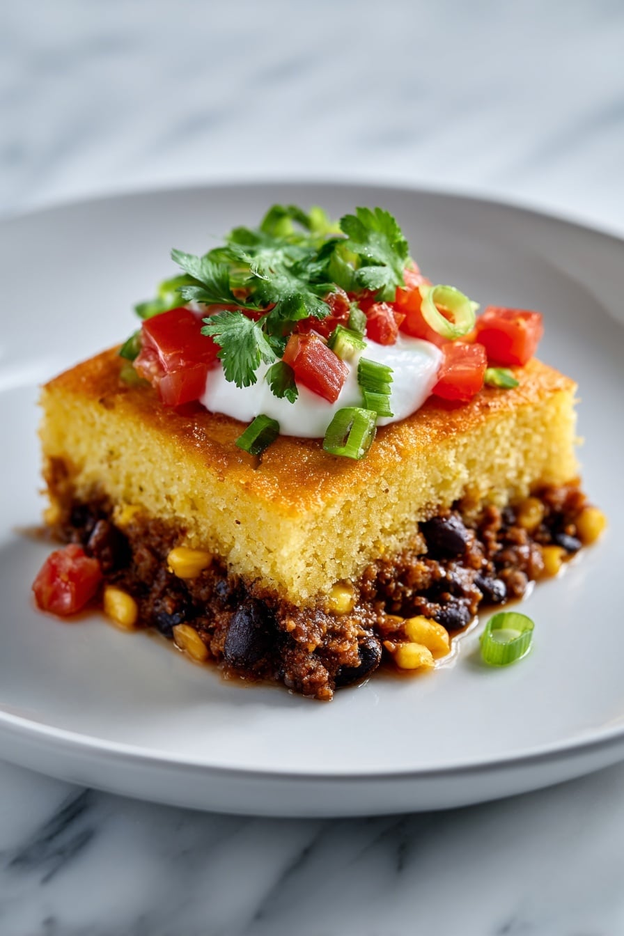 Texas Tamale Pie Recipe 6 The dish is shown in a black cast-iron pan with three main layers. The bottom layer is a rich, brown meat sauce with bright yellow corn kernels scattered throughout. Above that is a thick, golden-yellow cornbread layer with a soft crumb texture, covering the meat mixture fully. The top layer is melted cheddar cheese with a slightly browned surface. On top of the cornbread there is a generous dollop of white sour cream, crowned by a colorful mix of chopped red tomatoes, bright green sliced jalapeños, and scattered cilantro leaves. The background shows a white marbled texture with a blurred small bowl of lime wedges and cilantro. The photo is taken with an iphone --ar 2:3 --v 7 - Texas Tamale Pie, Tamale Pie Recipe, Tex-Mex Casserole, Easy Tamale Pie, Hearty Beef Tamale Pie