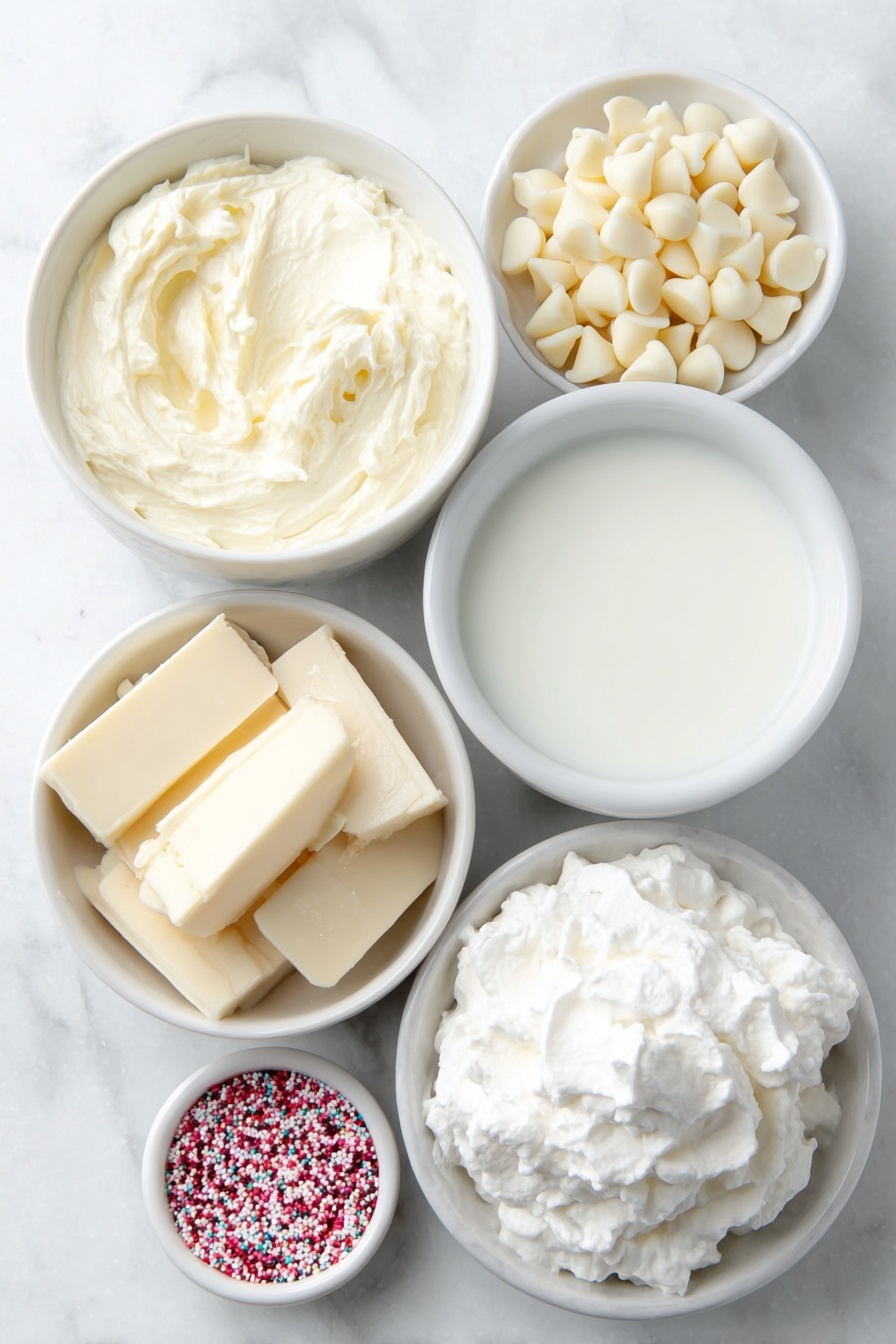 Pink Hot Chocolate Recipe 7 Flat lay of a small white ceramic bowl of evaporated milk, a larger white ceramic bowl of whole milk, a small white ceramic bowl filled with smooth white chocolate chips, two small white ceramic bowls each containing a single drop of red food coloring, a small mound of fresh whipped cream on a white ceramic dish, and a small white ceramic bowl with colorful sprinkles, all arranged symmetrically and balanced, placed on a clean white marble surface, soft natural light, photo taken with an iPhone, professional food photography style, fresh ingredients, white ceramic bowls, no bottles, no duplicates, no utensils, no packaging --ar 2:3 --v 7 --p m7354615311229779997 - Pink Hot Chocolate, Pink Hot Chocolate recipe, cozy hot chocolate, creamy pink hot chocolate, festive hot chocolate