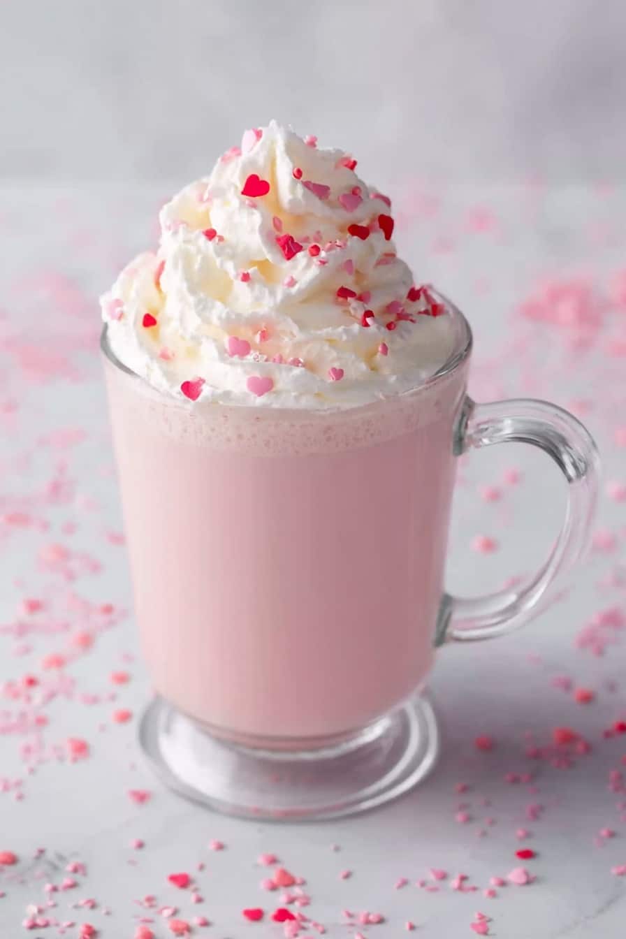 Pink Hot Chocolate Recipe 6 A clear glass mug filled with a smooth, light pink drink forms the first layer. On top, a thick layer of white whipped cream swirls upward, sprinkled with small pink and red heart-shaped sprinkles. The mug sits on a white marbled surface, scattered with tiny pink sprinkles all around. The image has soft lighting that highlights the creamy texture and pastel colors. Photo taken with an iphone --ar 2:3 --v 7 - Pink Hot Chocolate, Pink Hot Chocolate recipe, cozy hot chocolate, creamy pink hot chocolate, festive hot chocolate