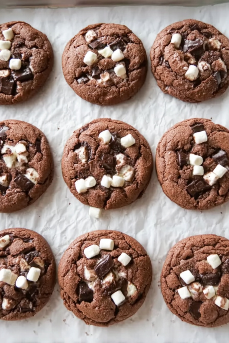 Hot Chocolate Cookies Recipe 8 Nine round chocolate cookies are arranged in three rows on white baking paper, which lines a baking tray. Each cookie is thick and has a soft, textured surface with visible chunks of dark chocolate and small white marshmallows scattered on top. The cookies are evenly spaced, showing a warm, freshly baked appearance with slightly puffed centers. The background is a white marbled texture. photo taken with an iphone --ar 2:3 --v 7 - Hot Chocolate Cookies, chocolate cookie recipes, marshmallow cookies, cozy dessert ideas, easy chocolate cookies