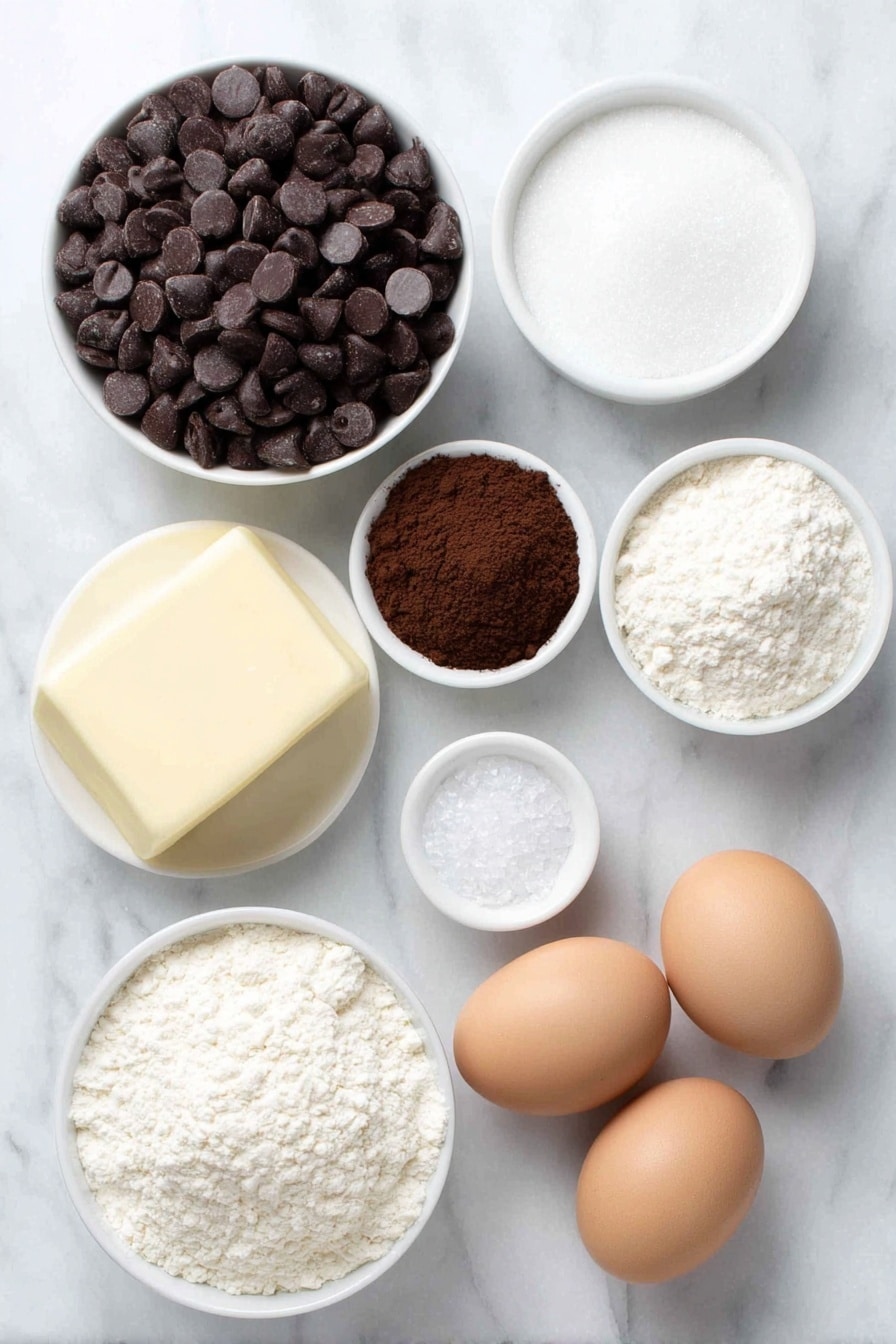 Hot Chocolate Brownie Crinkle Cookies Recipe 7 Flat lay of semi-sweet chocolate chips scattered naturally, a small stick of unsalted butter, a small white bowl filled with smooth Dutch-process cocoa powder, a small white bowl with granulated sugar, a small white bowl containing packed light brown sugar, two whole uncracked brown eggs, a small white bowl with clear vanilla extract, a small white bowl holding all-purpose flour, a small white bowl of fine baking powder, and a small white bowl with fine salt crystals, all arranged in perfect symmetry on a clean white marble surface, soft natural light, photo taken with an iPhone, professional food photography style, fresh ingredients, white ceramic bowls, no bottles, no duplicates, no utensils, no packaging --ar 2:3 --v 7 --p m7354615311229779997 - Hot Chocolate Brownie Crinkle Cookies, fudgy brownie cookies, chocolate crinkle cookies, cozy chocolate cookies, easy brownie cookie recipe