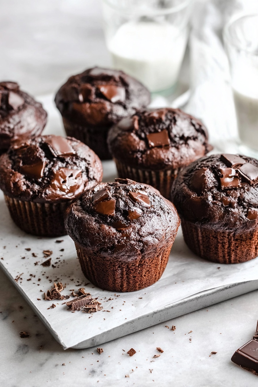 Double Chocolate Chip Muffins Recipe 6 Six dark brown chocolate muffins sit closely on a white parchment paper that covers a metal tray, placed on a white marbled surface. Each muffin has a slightly shiny, cracked top with chunks of melted chocolate embedded, giving a textured and rich look. Scattered chocolate crumbs and small pieces surround the tray, adding a casual and fresh-baked feel. In the background, two blurred glasses are partially visible. The overall scene is bright with soft natural light. Photo taken with an iphone --ar 2:3 --v 7 - Double Chocolate Chip Muffins, chocolate muffins, moist chocolate muffins, easy chocolate muffin recipe, homemade chocolate muffins
