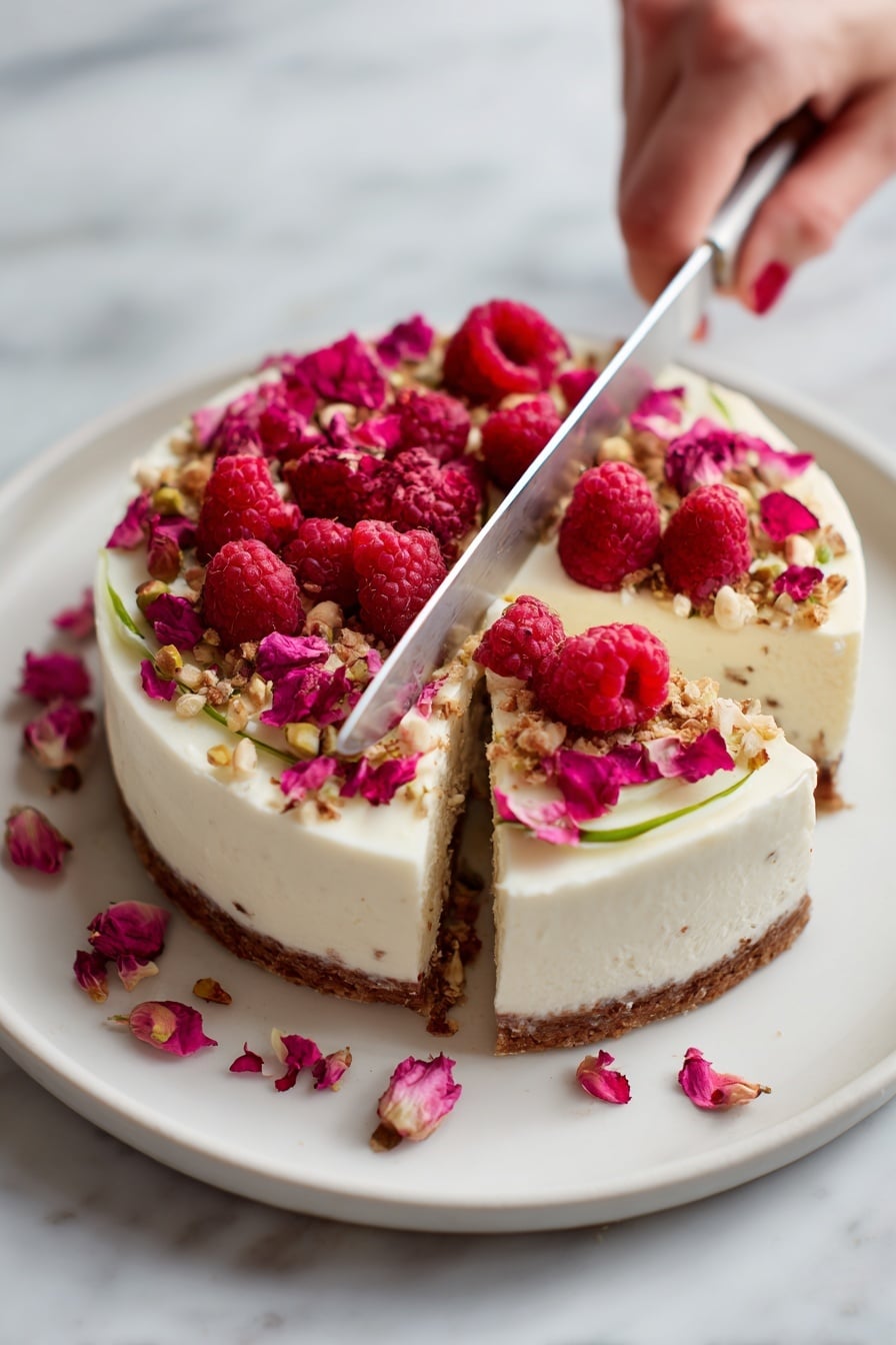 Raspberry Rose Pistachio Cake Recipe 6 A slice of layered cake is placed on a white plate over a white marbled surface. The bottom layer is a dense, light brown cake with a slightly coarse texture. Above the cake is a thin layer of smooth white cream, topped by a swirled layer of green topping with a creamy texture and pieces of nuts. On top of this, there are two bright red raspberries and a thin, light purple petal-like decoration standing upright near the back edge of the slice. Photo taken with an iphone --ar 2:3 --v 7 - Raspberry Rose Pistachio Cake, raspberry floral cake, pistachio nut cake, elegant berry layered cake, floral rose dessert