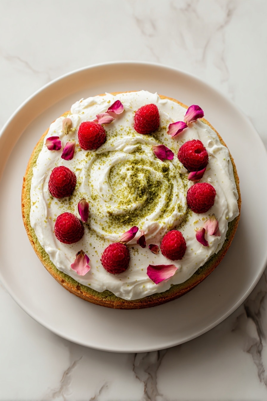 Raspberry Rose Pistachio Cake Recipe 8 A round cake with one slice cut out sits on a white plate on a white marbled surface. The cake has a dark brown base layer, topped by a thick white cream layer with green swirls in the center. On top of the cream are bright red raspberries, pale pink frosted rose petals, and small bits of chopped nuts scattered around the edges. The raspberries and petals create a colorful ring around the cake's top edge. A woman's hand holding a knife is cutting the removed slice. Photo taken with an iphone --ar 2:3 --v 7 - Raspberry Rose Pistachio Cake, raspberry floral cake, pistachio nut cake, elegant berry layered cake, floral rose dessert