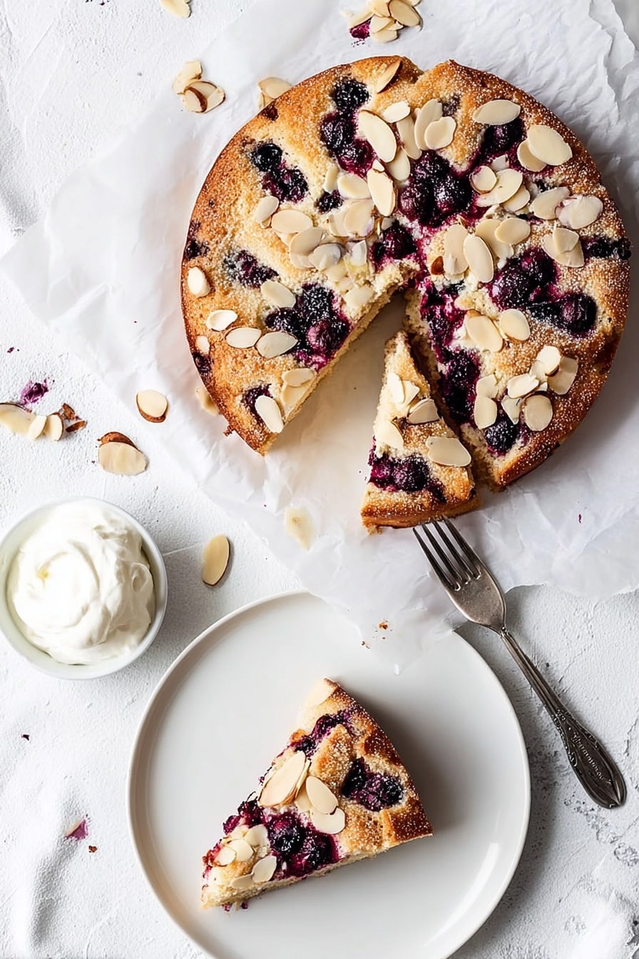 Raspberry Ricotta Cake with Almonds Recipe 6 A round cake with a golden brown crust topped with scattered dark purple berries and sliced almonds is shown, with one slice removed and placed on a white plate. The cake appears soft and slightly dense with a creamy interior visible inside the slice. Next to the slice on the plate, there is a dollop of white cream and a silver fork pointing toward the cake. The cake sits on white parchment paper over a white marbled surface with some scattered almond slices nearby. The photo taken with an iphone --ar 2:3 --v 7 - Raspberry Ricotta Cake with Almonds, raspberry ricotta cake, easy berry cake, moist ricotta cake, almond dessert recipe