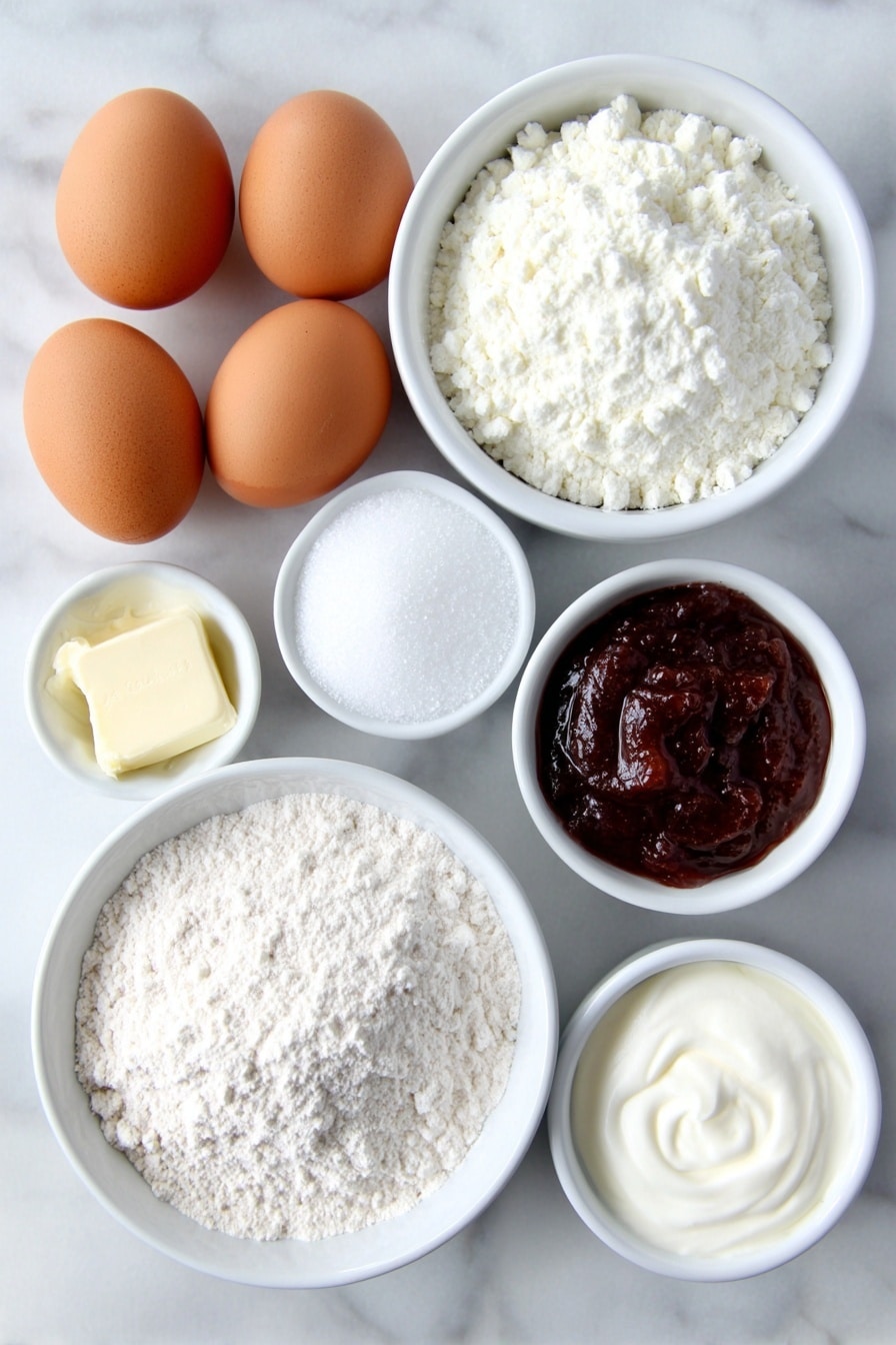 Almond Raspberry Cupcake Delights Recipe 7 Flat lay of three whole uncracked brown eggs with clean shells, a small white ceramic bowl of pale buttermilk, a small white ceramic bowl with softened unsalted butter, a small white ceramic bowl of granulated sugar, a white ceramic plate with a neat mound of cake flour, a small white ceramic bowl containing baking powder, a pinch of kosher salt arranged as fine grains on the surface, a small white ceramic bowl of almond extract, a small white ceramic bowl with heavy cream, a small white ceramic bowl of powdered sugar, and a small white ceramic bowl filled with vibrant red raspberry preserves, all placed with perfect symmetry on a clean white marble surface, soft natural light, photo taken with an iPhone, professional food photography style, fresh ingredients, white ceramic bowls, no bottles, no duplicates, no utensils, no packaging --ar 2:3 --v 7 --p m7354615311229779997 - Almond Raspberry Cupcake Delights, almond raspberry cupcakes, raspberry-filled cupcakes, almond frosting recipes, berry-filled cupcake ideas