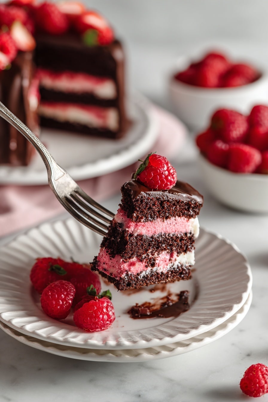 Chocolate Raspberry Cake with Ganache Recipe 8 The image shows a three-layer cake on a white round cake stand with a wooden base, placed on a white marbled surface. The bottom layer is dark brown, almost black, with a smooth texture. The middle and top layers are covered with a bright pink frosting that has small darker pink specks throughout, giving it a berry-like look. On top of the cake, there is a thick layer of dark chocolate glaze that drips unevenly down the sides. The top is decorated with a pile of fresh, bright red raspberries sitting in the center. The background is made of light wood panels with a soft, natural color. Photo taken with an iphone --ar 2:3 --v 7 - Chocolate Raspberry Cake, Homemade Chocolate Raspberry Cake with Ganache, Easy Chocolate Raspberry Cake, Fresh Raspberry Chocolate Cake, Decadent Chocolate Cake with Raspberries