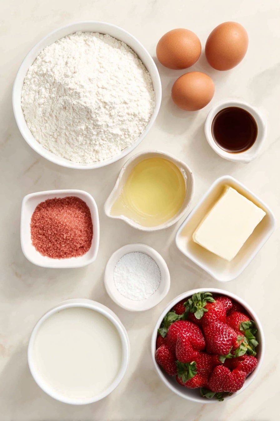Strawberry Pound Cake Recipe 7 Flat lay of a small white ceramic bowl of white cake mix, a small white ceramic bowl of all-purpose flour, three whole brown eggs with clean shells, a small white ceramic bowl of clear water, a small white ceramic bowl of golden vegetable oil, a small white ceramic bowl containing bright pink strawberry flavored gelatin powder, a small white ceramic bowl filled with chopped fresh red strawberries with green leaves, a small white ceramic bowl of melted golden unsalted butter, a small white ceramic bowl of white powdered sugar, a small white ceramic bowl of creamy milk, a small white ceramic bowl of translucent vanilla extract, and a tiny pinch of coarse kosher salt scattered neatly next to it, all placed on a clean white marble surface, soft natural light, photo taken with an iPhone, professional food photography style, fresh ingredients, white ceramic bowls, no bottles, no duplicates, no utensils, no packaging --ar 2:3 --v 7 --p m7354615311229779997 - Strawberry Pound Cake, easy strawberry cake, moist strawberry dessert, homemade strawberry pound cake, strawberry cake with glaze