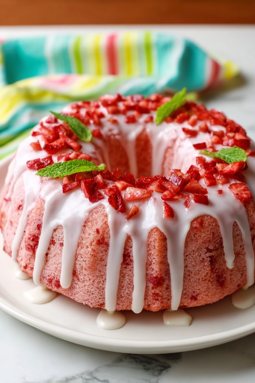 Strawberry Pound Cake Recipe 8 A pink Bundt cake sits on a white plate, with white icing dripping down the sides in streaks. The top of the cake is covered with small, chopped pieces of red strawberries, adding texture and contrast. In the middle hole of the Bundt, a few fresh green mint leaves are placed for decoration. The background shows a soft white marbled surface with a colorful striped cloth nearby. photo taken with an iphone --ar 2:3 --v 7 - Strawberry Pound Cake, easy strawberry cake, moist strawberry dessert, homemade strawberry pound cake, strawberry cake with glaze