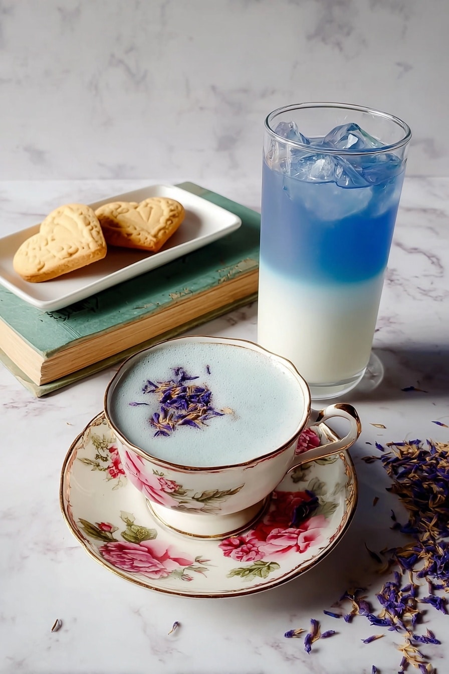 Blue Butterfly Pea Latte Recipe 6 There is a white floral teacup and saucer with pink, red, purple, and green flowers. The cup is filled with a light blue frothy drink topped with small dried purple flowers. Next to it is a tall clear glass with a two-layered drink, the top half bright blue and the bottom half white, with ice cubes inside. Behind the drinks is a white rectangular dish holding two heart-shaped light brown cookies, placed on a closed book with a green cover. Some dried purple flowers are scattered on the white marbled surface. Photo taken with an iphone --ar 2:3 --v 7 - Blue Butterfly Pea Latte, butterfly pea flower latte, vibrant blue tea latte, natural blue drink, easy butterfly pea latte recipe