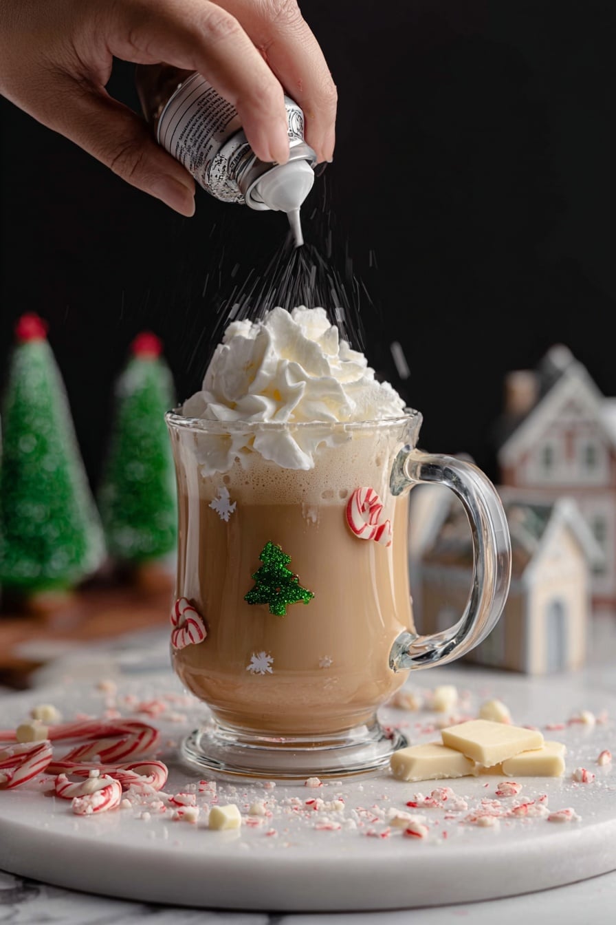 Peppermint White Mocha Recipe 6 A clear glass mug with small Christmas tree and candy cane decorations holds a light brown creamy drink with a thick layer of white whipped cream being added on top by a woman's hand holding a whipped cream can. The mug sits on a white marbled round surface sprinkled with pieces of white chocolate and red-and-white candy cane bits. In the background, there are blurred green and red mini Christmas trees and small white decorative houses, all against a dark backdrop. Photo taken with an iphone --ar 2:3 --v 7 - Peppermint White Mocha, peppermint white mocha, white mocha drink, festive coffee recipe, holiday coffee beverages