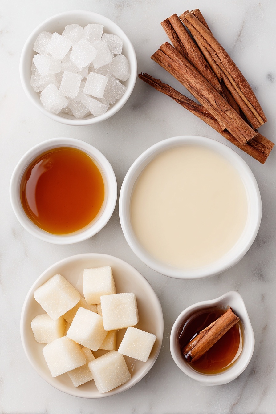 Brown Sugar Shaken Espresso Recipe 7 Flat lay of a small mound of irregular ice cubes, a small white ceramic bowl filled with glossy dark espresso, a small white ceramic bowl holding amber-brown viscous brown sugar syrup, a small white ceramic bowl with smooth creamy oat milk, and a few cinnamon sticks arranged neatly, all placed on a clean white marble surface, soft natural light, photo taken with an iPhone, professional food photography style, fresh ingredients, white ceramic bowls, no bottles, no duplicates, no utensils, no packaging --ar 2:3 --v 7 --p m7354615311229779997 - Brown Sugar Shaken Espresso, iced espresso drink, easy coffee recipes, homemade coffee beverages, sweet coffee drinks
