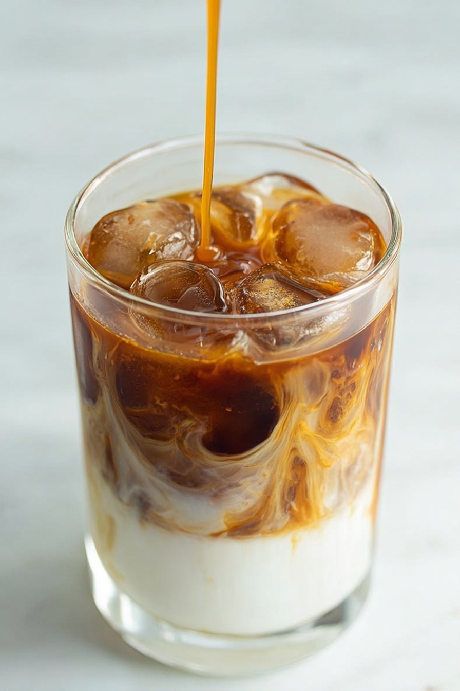 Homemade Iced Caramel Macchiato Recipe 6 A clear glass filled with three layers of a drink sits on a white marbled surface. The bottom layer is thick and white, likely milk, which takes up about one-third of the glass. The middle layer is a swirling blend of dark brown coffee mixing with the white milk below, creating a marbled effect along the sides. The top layer has large, clear ice cubes floating in dark coffee, giving a shiny and cool look. A thin stream of caramel-colored syrup is being poured onto the ice from above, adding a slick texture caught mid-pour, dripping slightly down the glass's inside. The overall effect is a rich mix of creamy white, dark brown, and shiny ice. photo taken with an iphone --ar 2:3 --v 7 - Homemade Iced Caramel Macchiato, caramel macchiato at home, DIY iced coffee drinks, easy caramel coffee recipe, Starbucks-style caramel macchiato
