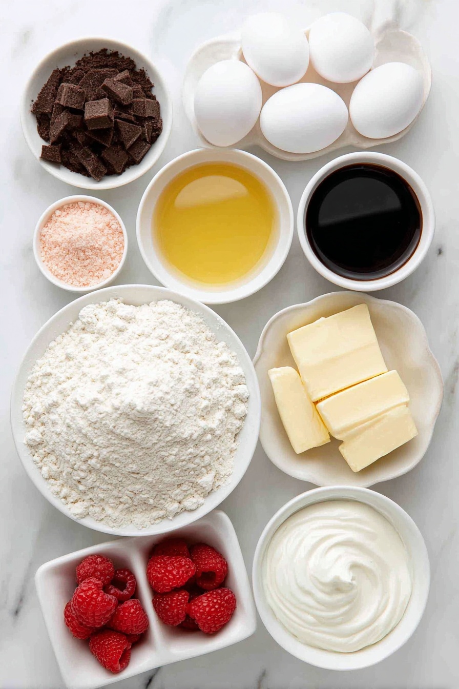 Chocolate Raspberry Cake with Ganache Recipe 7 Flat lay of a small mound of all-purpose flour, a neat pile of unsweetened cocoa powder, a pinch of baking soda and baking powder each, a small mound of white granulated sugar, a simple white bowl filled with buttermilk, a simple white bowl with golden oil, four large whole eggs with clean shells, a small white bowl of pure vanilla extract, a small white bowl of steaming hot water, a small white bowl of fresh raspberries, a small white bowl of powdered sugar, a small mound of ground freeze-dried raspberries, a small white bowl of reduced raspberry puree, a small white bowl of salt, a small white bowl filled with semi-sweet chocolate chips, a small white bowl of heavy cream, and a few fresh raspberries scattered neatly, all placed on a clean white marble surface, soft natural light, photo taken with an iPhone, professional food photography style, fresh ingredients, white ceramic bowls, no bottles, no duplicates, no utensils, no packaging --ar 2:3 --v 7 --p m7354615311229779997 - Chocolate Raspberry Cake with Ganache, chocolate raspberry cake, decadent raspberry cake, easy chocolate cake with raspberry, homemade chocolate raspberry dessert