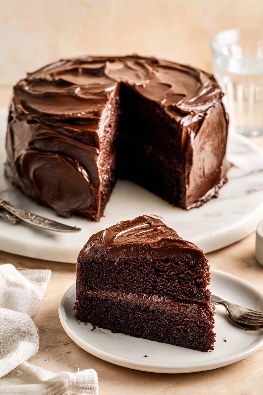 Decadent Chocolate Cake with Fudge Frosting Recipe 8 A two-layer dark chocolate cake covered in thick, shiny chocolate frosting with visible swirling texture on the top and sides, the rich dark brown cake layers inside are moist with a smooth chocolate filling between them; one slice is removed and placed on a white plate in front, showing the inside clearly, all set on a round white marble board with a soft beige background and a glass of water and white cloth in back; photo taken with an iphone --ar 2:3 --v 7 - Decadent Chocolate Cake with Fudge Frosting, rich chocolate cake recipe, moist chocolate cake, homemade fudge frosting, dessert for special occasions