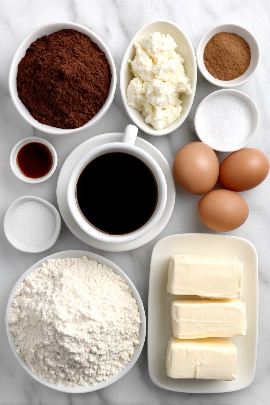 Red Velvet Cake with Cream Cheese Frosting Recipe 7 Flat lay of a small white ceramic bowl of plain hot coffee, a small white ceramic bowl with unsweetened natural cocoa powder, a simple white ceramic plate with a mound of all-purpose flour, a small white ceramic bowl with baking powder, a small white ceramic bowl with baking soda, a small white ceramic bowl of salt, a small white ceramic bowl holding ground cinnamon, a small white ceramic bowl heaped with granulated sugar, a small white ceramic bowl filled with fresh vegetable oil, a simple white ceramic plate with a stick of unsalted butter, two whole uncracked large brown eggs and one whole uncracked large egg yolk separated on a small white ceramic dish, a small white ceramic bowl of buttermilk, a small white ceramic bowl with vanilla extract, a small white ceramic bowl of red gel food coloring, a small white ceramic bowl of distilled white vinegar, a simple white ceramic plate stacked with blocks of cream cheese, a simple white ceramic plate with two sticks of unsalted butter, a small white ceramic bowl of powdered sugar all neatly arranged with perfect symmetry placed on a clean white marble surface, soft natural light, photo taken with an iPhone, professional food photography style, fresh ingredients, white ceramic bowls, no bottles, no duplicates, no utensils, no packaging --ar 2:3 --v 7 --p m7354615311229779997 - Red Velvet Cake with Cream Cheese Frosting, best red velvet cake, homemade red velvet cake, classic red velvet dessert, easy red velvet cake recipe