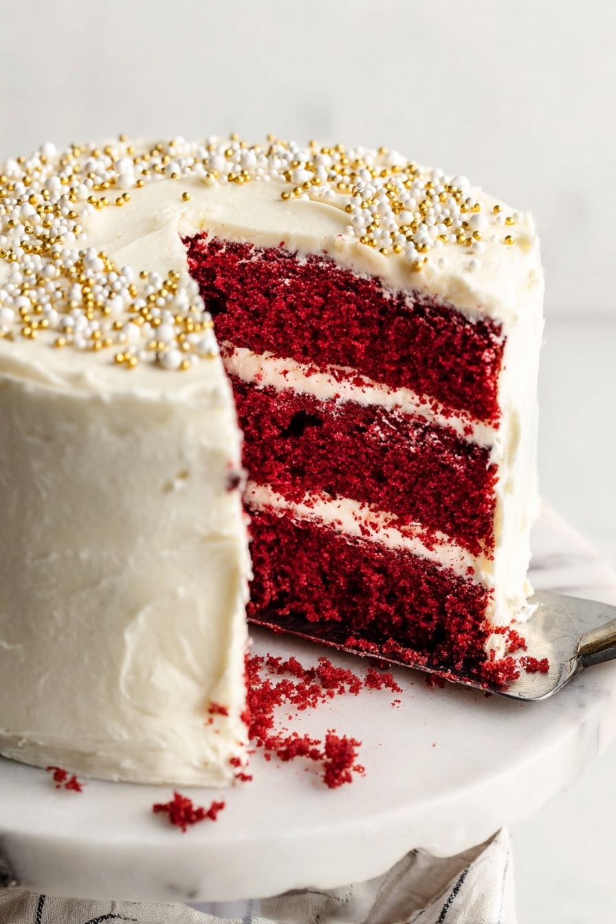 Red Velvet Cake with Cream Cheese Frosting Recipe 8 The image shows a three-layer red velvet cake with white cream cheese frosting between each layer and covering the whole cake. The red cake layers look soft and moist with a crumbly texture, while the white frosting is smooth and thick. The top layer is decorated with small white and gold round sprinkles evenly spread. A slice is cut out and lifted by a silver cake server, revealing the inside details clearly. The cake sits on a white marbled cake stand, and the background also has a white marbled texture. photo taken with an iphone --ar 2:3 --v 7 - Red Velvet Cake with Cream Cheese Frosting, best red velvet cake, homemade red velvet cake, classic red velvet dessert, easy red velvet cake recipe