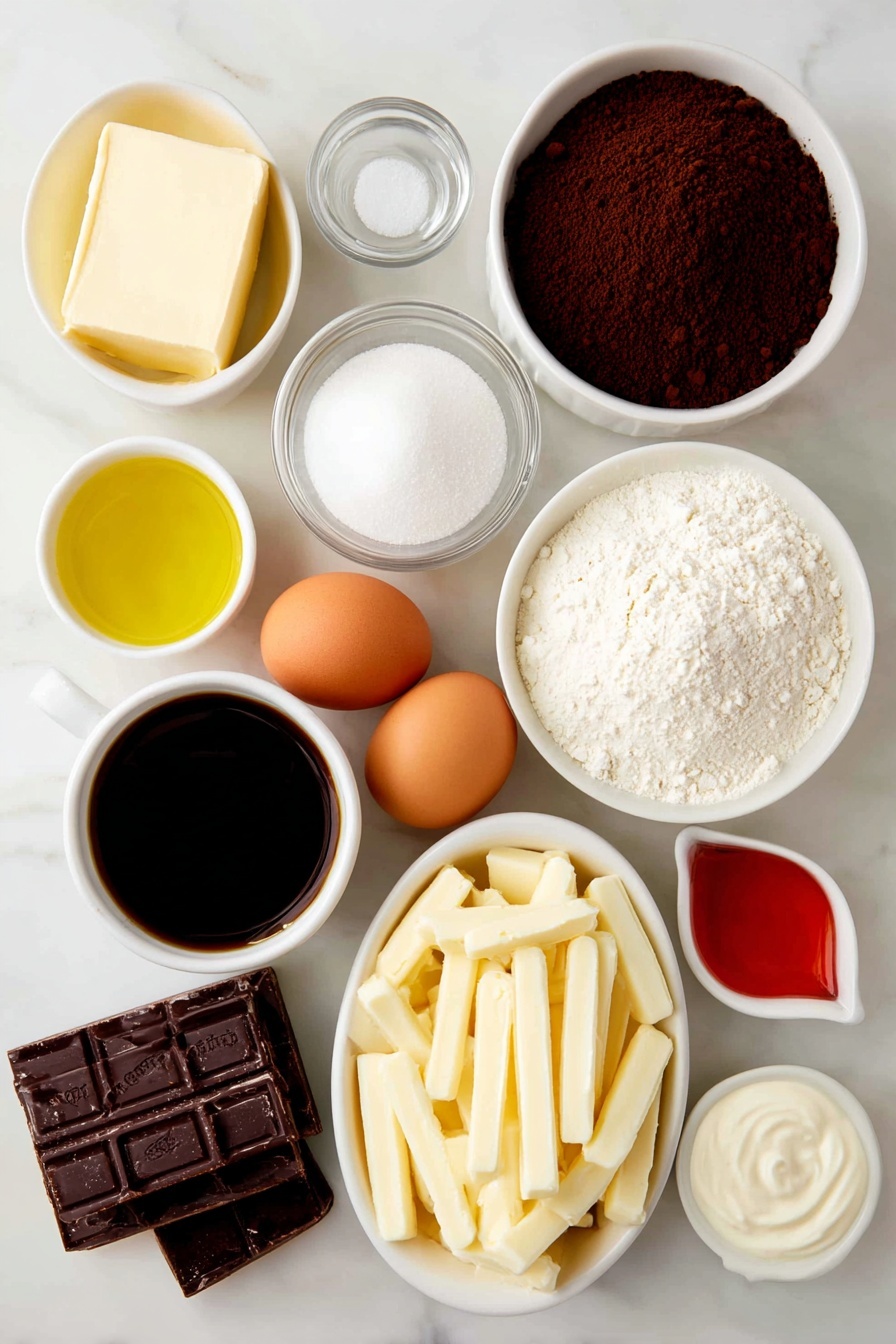 Mount Doom Black Chocolate Cake Recipe 7 Flat lay of a small mound of fine black cocoa powder, a small white ceramic bowl filled with steaming dark coffee, a dollop of creamy sour cream in a white bowl, a generous piece of softened pale yellow butter, a neat pile of white granulated sugar, a small glass vial of clear vanilla extract (removed for no bottles rule, replaced with a white bowl of vanilla beans omitted), a small white bowl of golden vegetable oil, three smooth whole brown eggs, a neat heap of white all-purpose flour, a small white bowl of chocolate chips, roughly chopped chunks of white chocolate in a white bowl, a small white bowl filled with heavy cream, a small white bowl with translucent pale corn syrup, and a tiny white dish holding vibrant red gel food coloring gel, all arranged in perfect symmetry and balanced proportions on a clean white marble surface, soft natural light, photo taken with an iPhone, professional food photography style, fresh ingredients, white ceramic bowls, no bottles, no duplicates, no utensils, no packaging --ar 2:3 --v 7 --p m7354615311229779997 - Mount Doom Black Chocolate Cake, dark chocolate cake recipe, rich chocolate cake with sour cream, black cocoa chocolate cake, decadent chocolate dessert