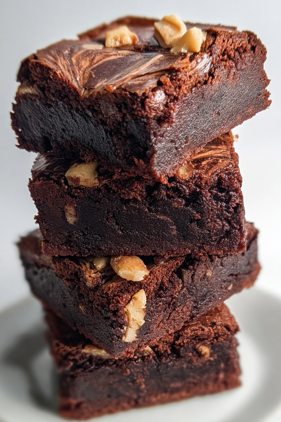 3-Ingredient Banana Brownies Recipe 6 A close-up view of a stack of four thick, rich chocolate brownies on a white plate, each layer showing a dense and moist texture with a deep brown color. The top brownie has a swirled lighter brown and dark chocolate pattern on its slightly cracked surface. The third brownie from the top has small chopped nuts embedded on its side, adding a crunchy texture contrast. The edges of the brownies show a slightly firmer crust, while the center looks soft and fudgy. The white marbled surface beneath the plate adds a clean, simple background. photo taken with an iphone --ar 2:3 --v 7 - 3-Ingredient Banana Brownies, easy banana brownies, healthy banana brownie recipe, quick banana dessert, simple vegan brownies