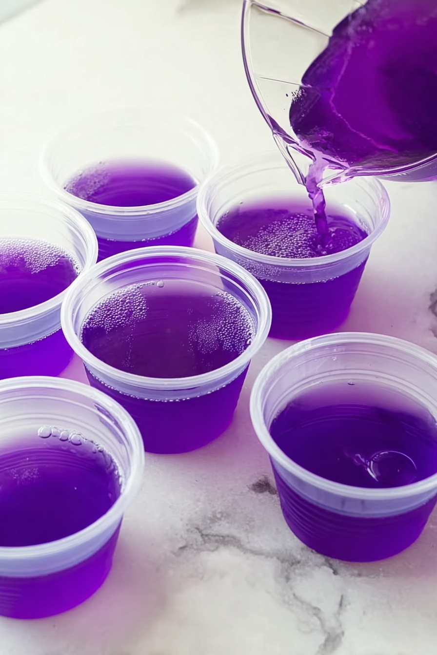 Purple Hooter Jello Shots Recipe 6 The image shows six small clear plastic cups arranged on a white marbled surface, with one cup being filled with bright purple liquid from a pitcher. Each cup has a single layer of smooth, translucent purple liquid with a shiny surface reflecting light. There are a few small bubbles visible on the top layer in some cups. The pitcher pouring the liquid is partially visible in the corner, with the same vibrant purple liquid inside. Photo taken with an iphone --ar 2:3 --v 7 - Purple Hooter Jello Shots, purple hooter jello shots, purple Hooter drink shots, party jello shots, easy jello shot recipes