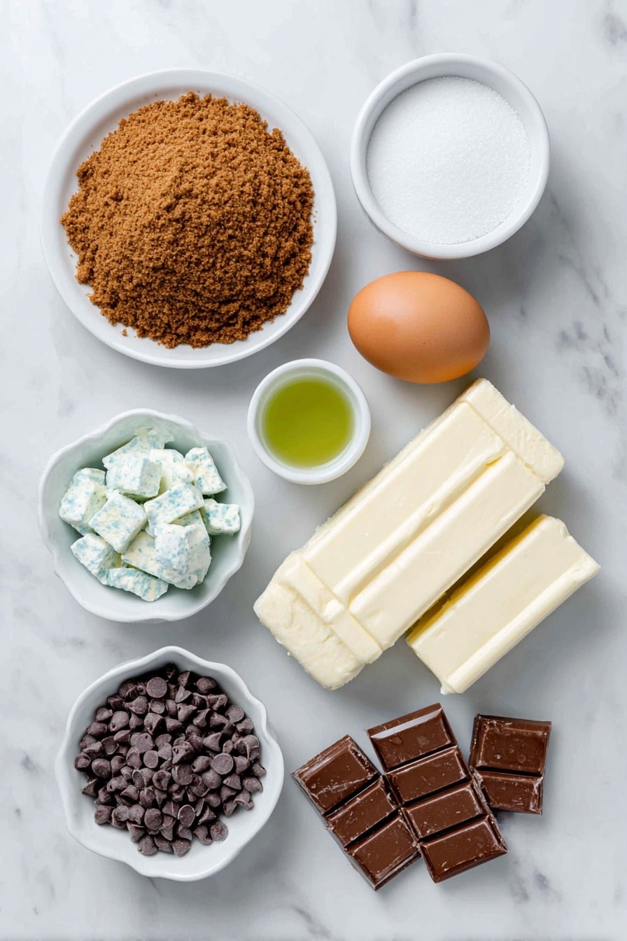 Andes Mint Mini Cheesecake Bites Recipe 7 Flat lay of a small mound of chocolate graham cracker crumbs, a few tablespoons of granulated sugar in a small white bowl, a slab of melted butter in a small white bowl, two blocks of cream cheese with smooth surfaces, one whole brown egg with a clean shell, a small white bowl containing clear mint extract, a few drops of vibrant green food coloring in a small white bowl, a generous handful of glossy chocolate chips, and several pieces of coarsely chopped Andes mints scattered artfully, all arranged with perfect symmetry on simple white ceramic dishes placed on a clean white marble surface, soft natural light, photo taken with an iPhone, professional food photography style, fresh ingredients, white ceramic bowls, no bottles, no duplicates, no utensils, no packaging --ar 2:3 --v 7 --p m7354615311229779997 - Andes Mint Mini Cheesecake Bites, mint chocolate cheesecake, mini cheesecake recipes, no-bake cheesecake bites, mint dessert ideas