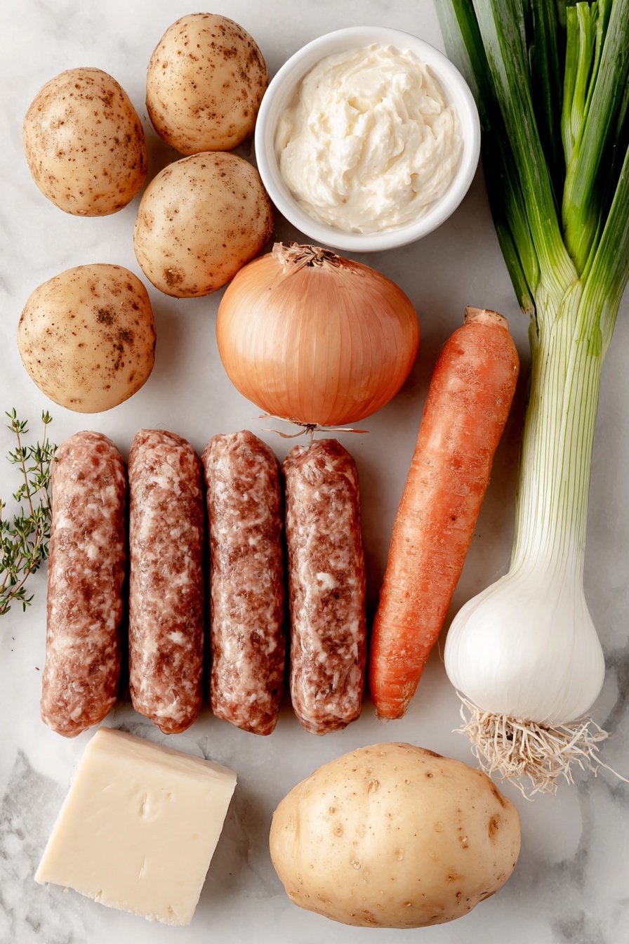 Irish Pasties with Cheddar and Sausage Recipe 7 Flat lay of five small whole potatoes with light dirt specks, one fresh bright orange carrot with green top, one whole golden brown onion with papery skin, a small wedge of aged cheddar cheese with natural rind, a few sprigs of fresh green thyme, four raw Beyond Meat sausages with natural texture, one whole rutabaga with pale yellow skin and some dirt, two whole uncracked brown eggs, one small bunch of fresh green leeks with white base, and a small white ceramic bowl of smooth Dijon mustard placed in a simple white ceramic bowl, placed on a clean white marble surface, soft natural light, photo taken with an iPhone, professional food photography style, fresh ingredients, white ceramic bowls, no bottles, no duplicates, no utensils, no packaging --ar 2:3 --v 7 --p m7354615311229779997 - Irish Pasties with Cheddar and Sausage, Irish pastry recipes, savory sausage pasties, gluten-free Irish snacks, hearty Irish hand pies