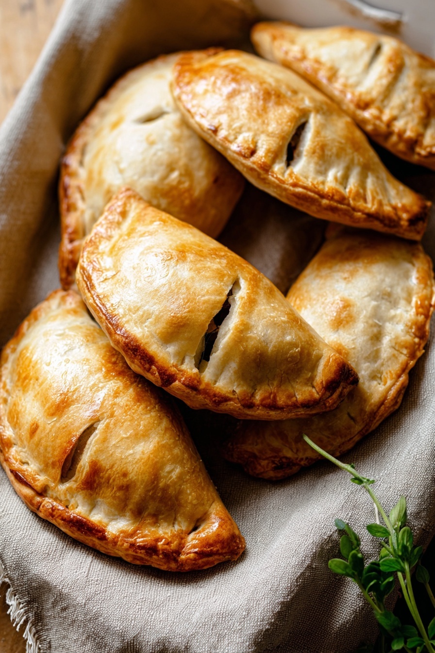 Irish Pasties with Cheddar and Sausage Recipe 6 The image shows five golden brown hand pies with a shiny, slightly cracked crust, arranged closely together on a soft beige cloth that lines a white tray. Each hand pie has a twisted edge seal and small slits on top for ventilation. The tray is placed on a light wooden surface with a small green herb sprig in the bottom right corner. The whole scene is warm and cozy, with natural lighting highlighting the texture of the baked pies and fabric. Photo taken with an iphone --ar 2:3 --v 7 - Irish Pasties with Cheddar and Sausage, Irish pastry recipes, savory sausage pasties, gluten-free Irish snacks, hearty Irish hand pies