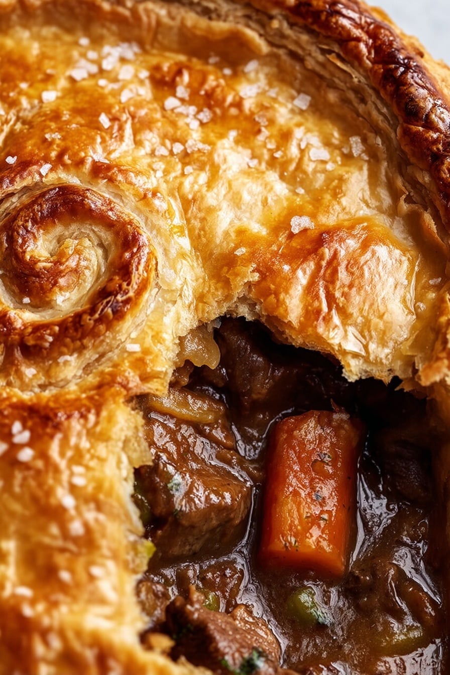 Beef and Guinness Pie Recipe 6 A close-up view of a golden brown pie with a shiny, crisp top crust that looks flaky and textured, sprinkled lightly with coarse salt. A section of the crust is broken open, revealing a rich, dark brown filling made of tender chunks of meat and vegetables, including orange carrot pieces, all soaked in a thick, glossy sauce. The pie crust has a spiral pattern near the edge, adding detail to the top layer. The scene shows no plate but suggests the pie is on a white marbled surface. photo taken with an iphone --ar 2:3 --v 7 - Beef and Guinness Pie, hearty Irish beef pie, Guinness beef stew pie, savory beef and stout pie, comfort food beef pie