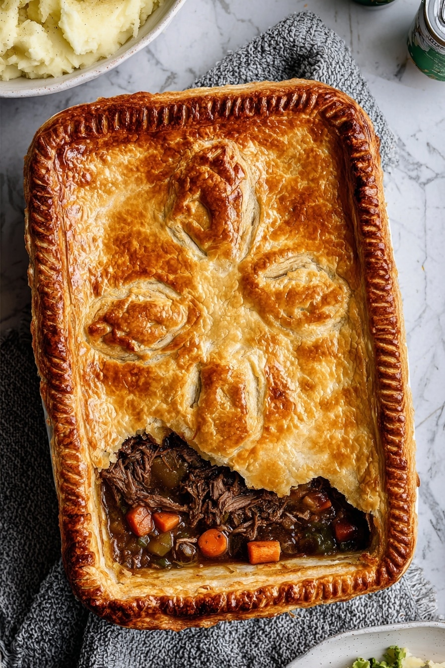 Beef and Guinness Pie Recipe 8 This image shows a rectangular pie with a golden brown, shiny crust on a white marbled surface. The crust has a textured edge and features four leaf-shaped cutouts pressed into the center top. One corner of the pie is missing, revealing a rich, dark filling of shredded meat mixed with pieces of carrots and potatoes. The pie rests on a gray knitted cloth. In the upper left corner, part of a white bowl filled with mashed potatoes is visible. The top right shows the edge of a white plate, with a can and part of a salad bowl nearby. Photo taken with an iphone --ar 2:3 --v 7 - Beef and Guinness Pie, hearty Irish beef pie, Guinness beef stew pie, savory beef and stout pie, comfort food beef pie