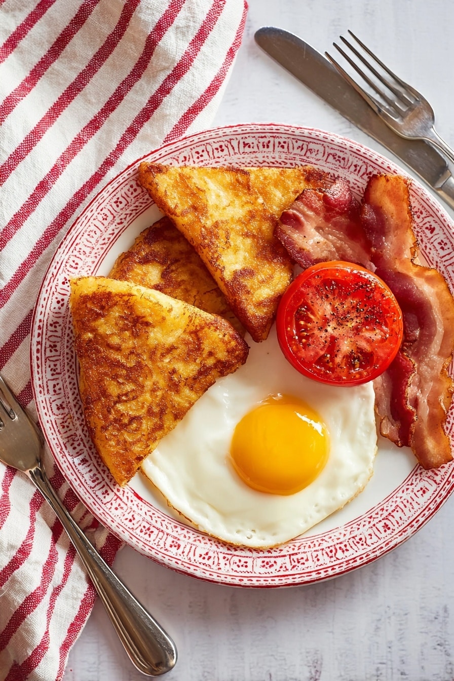 Irish Potato Farls Recipe 8 A white plate with red patterned rings holds two golden-brown triangular hash browns on the left side. To the right, there is a fried egg with a bright yellow yolk and firm white edges. Above the egg, two strips of crispy bacon with pink and brown tones are placed diagonally. A grilled half tomato with a deep red color and visible seeds rests between the egg and the hash browns. The plate is set on a white marbled surface, next to a red and white striped cloth napkin, with a fork and knife on the left side of the plate. Photo taken with an iphone --ar 2:3 --v 7 - Irish Potato Farls, Irish Potato Farls recipe, Irish potato bread, traditional Irish farls, easy Irish bread