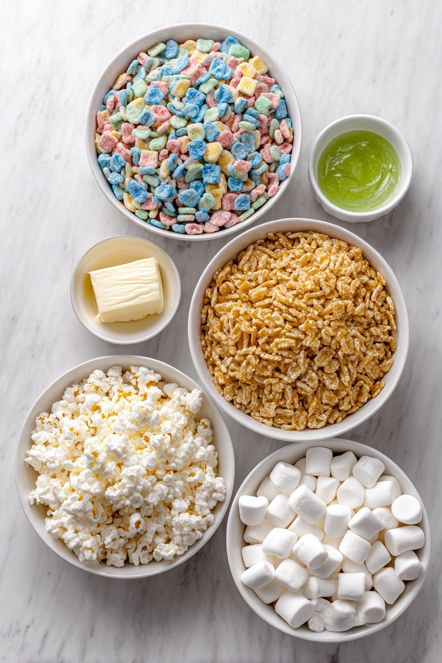 Lucky Charms Rice Krispie Treats Recipe 7 Flat lay of a heap of multi-colored Lucky Charms cereal with pastel marshmallows, a separate pile of golden Rice Krispies cereal, a small white bowl filled with round white mini marshmallows, a small white bowl containing creamy salted butter, and a tiny white bowl holding vibrant green gel food coloring, all arranged perfectly symmetrical in fresh natural form on simple white ceramic dishes, placed on a clean white marble surface, soft natural light, photo taken with an iPhone, professional food photography style, fresh ingredients, white ceramic bowls, no bottles, no duplicates, no utensils, no packaging --ar 2:3 --v 7 --p m7354615311229779997 - Lucky Charms Rice Krispie Treats, colorful cereal treats, marshmallow rice krispie bars, fun kid-friendly desserts, quick no-bake treats