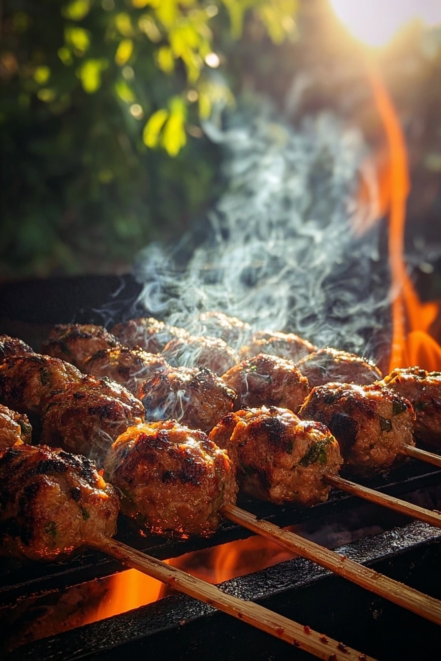 Grilled Chicken Kofta with Garlic Yogurt Sauce Recipe 6 Several wooden skewers with brown, grilled meatballs lined up closely on a black grill under warm orange flames and rising white smoke. The meatballs show a juicy texture with small green and red spices visible in each piece. The grill surface and surroundings have dark, slightly charred marks adding to the smoky cooking scene. The background is softly blurred with green foliage and warm sunlight shining through. Photo taken with an iphone --ar 2:3 --v 7 - Grilled Chicken Kofta with Garlic Yogurt Sauce, Chicken Kofta Recipe, Spicy Chicken Kofta, Quick Chicken Dinner, Middle Eastern Chicken Skewers